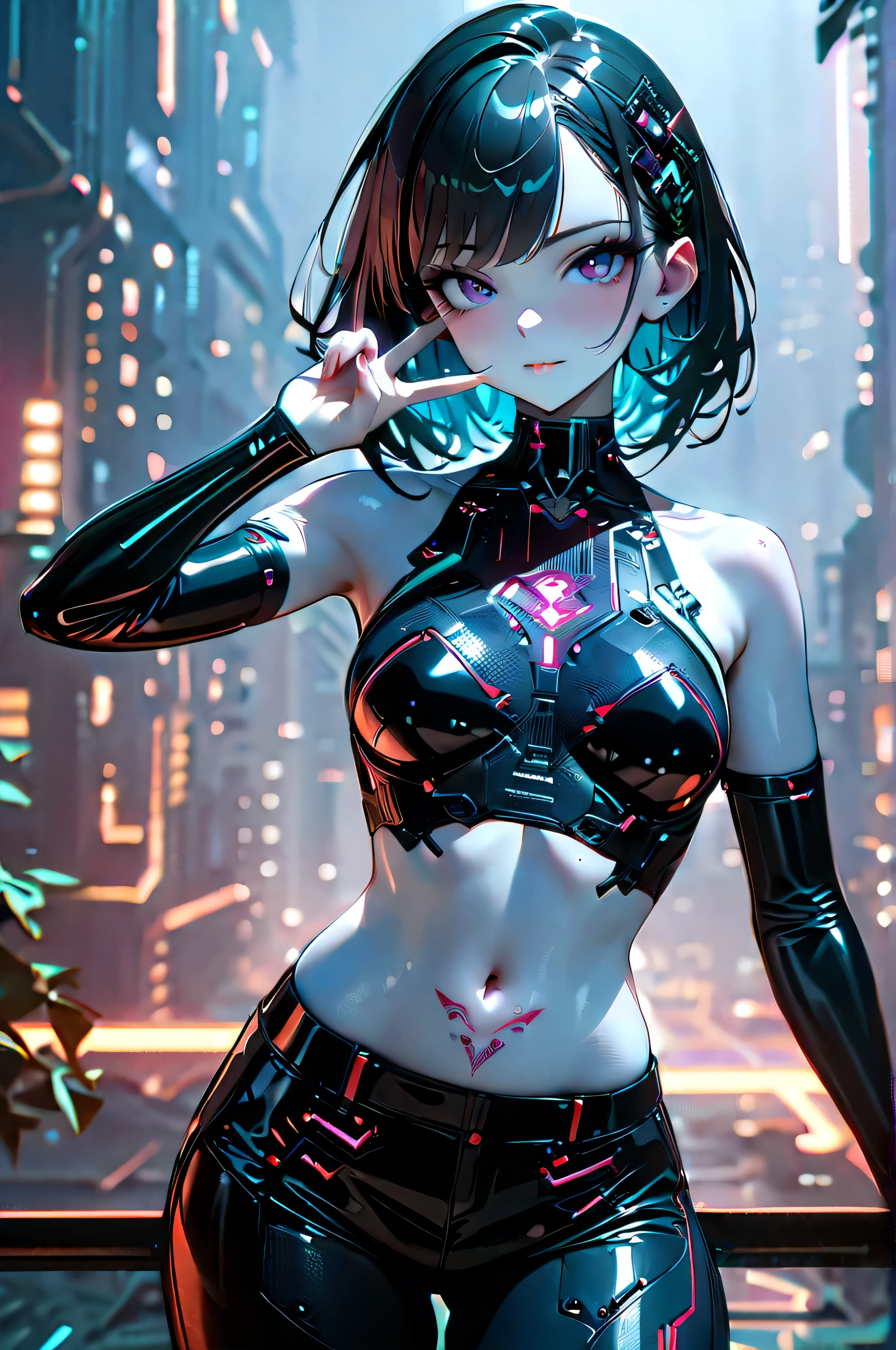 futuristic hair accessory made of circuit boards, (Delicate skin), blue-white skin, Beautiful cybernetics girl wearing a black crop top , navel tattoo , sexy futuristic cyberpunk pants , Over the branch , v, Japanese with glitter effect , cyberpunk background , sensual, Attractive, (Masterpiece:1.3), ( best quality :1.3), ( more details:1.3), 8k, Very clear