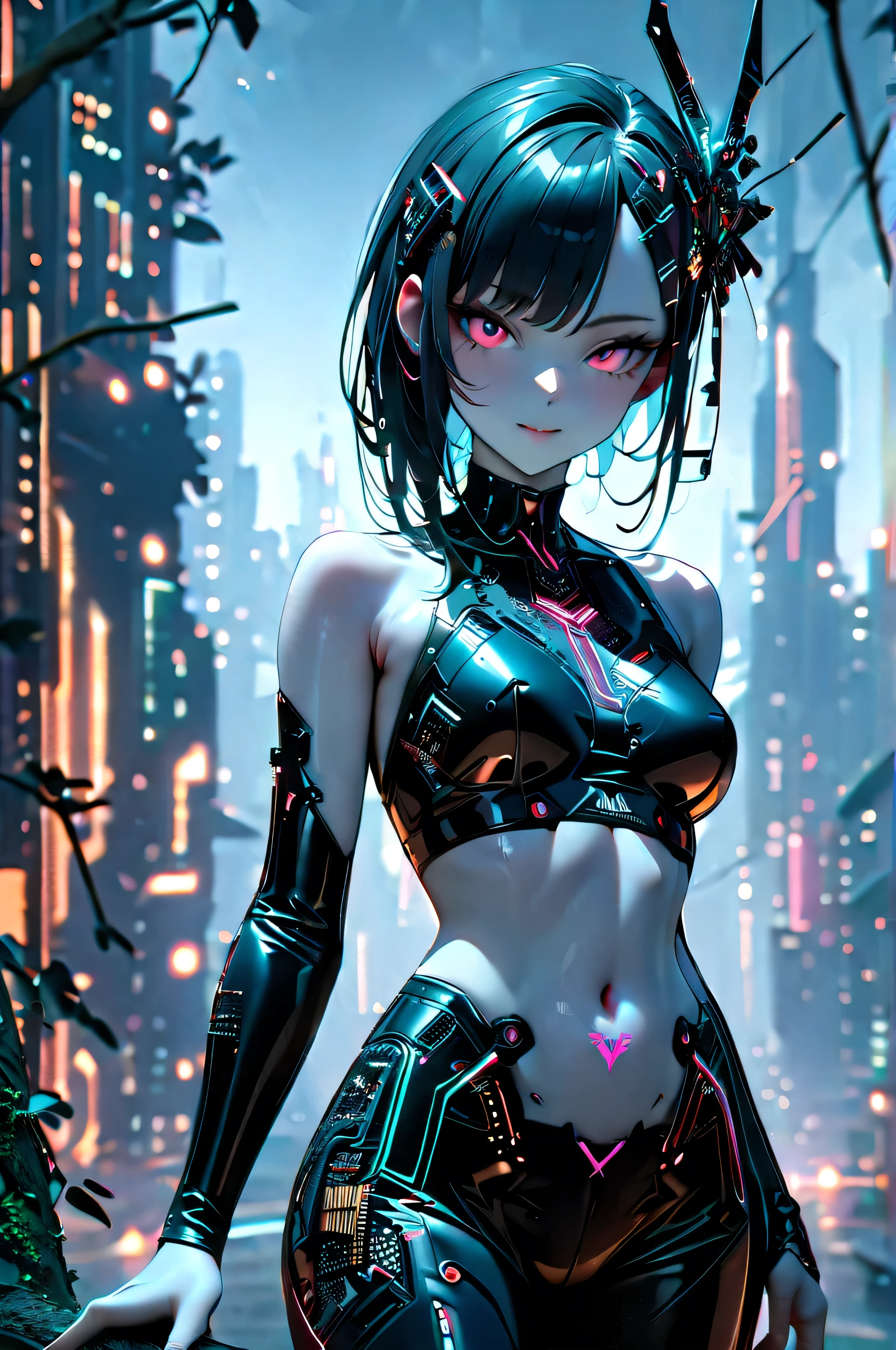 futuristic hair accessory made of circuit boards, (Delicate skin), blue-white skin, Beautiful cybernetics girl wearing a black crop top , navel tattoo , sexy futuristic cyberpunk pants , Over the branch , v, Japanese with glitter effect , cyberpunk background , sensual, Attractive, (Masterpiece:1.3), ( best quality :1.3), ( more details:1.3), 8k, Very clear
