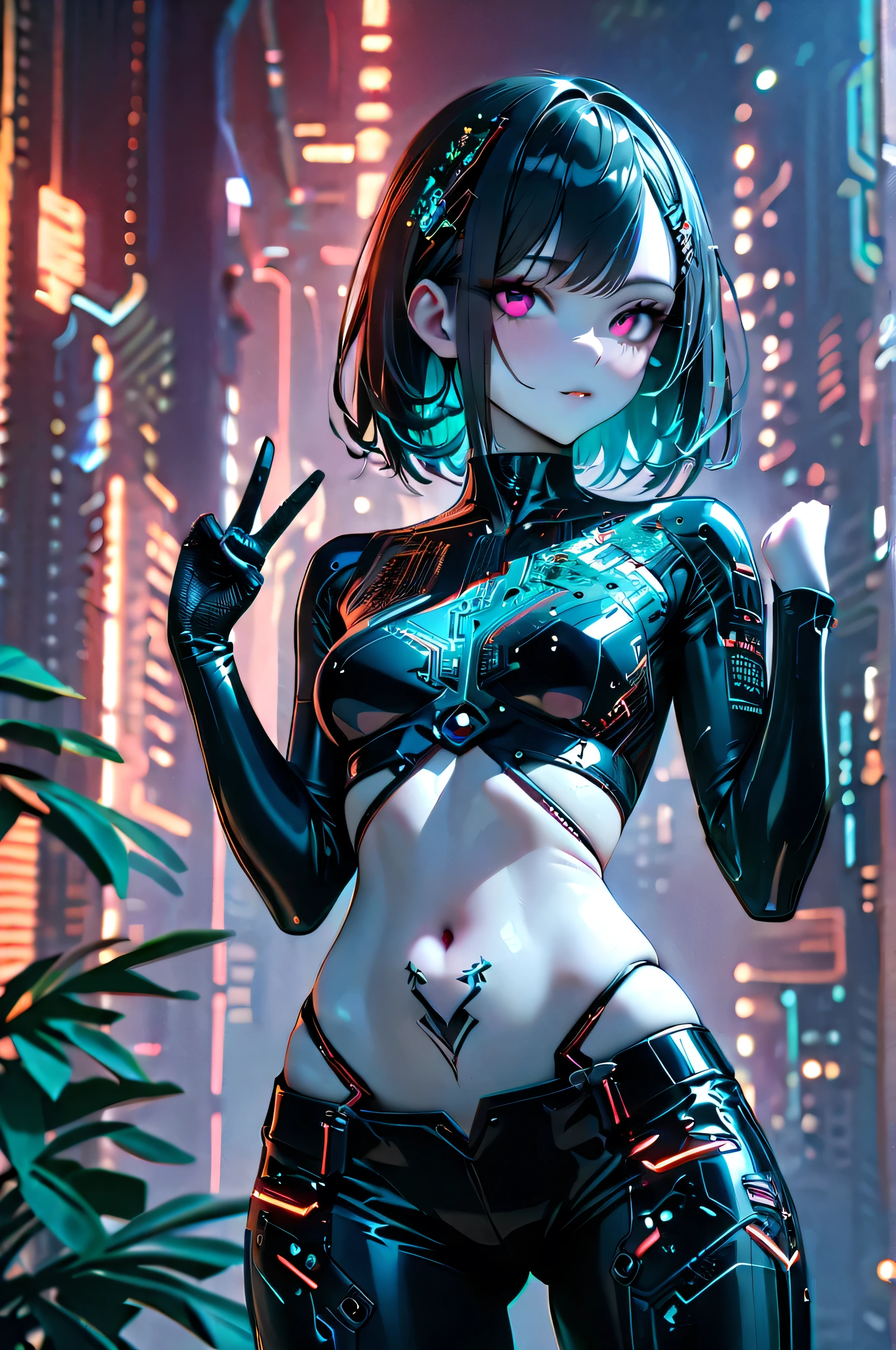 futuristic hair accessory made of circuit boards, (Delicate skin), blue-white skin, Beautiful cybernetics girl wearing a black crop top , navel tattoo , sexy futuristic cyberpunk pants , Over the branch , v, Japanese with glitter effect , cyberpunk background , sensual, Attractive, (Masterpiece:1.3), ( best quality :1.3), ( more details:1.3), 8k, Very clear