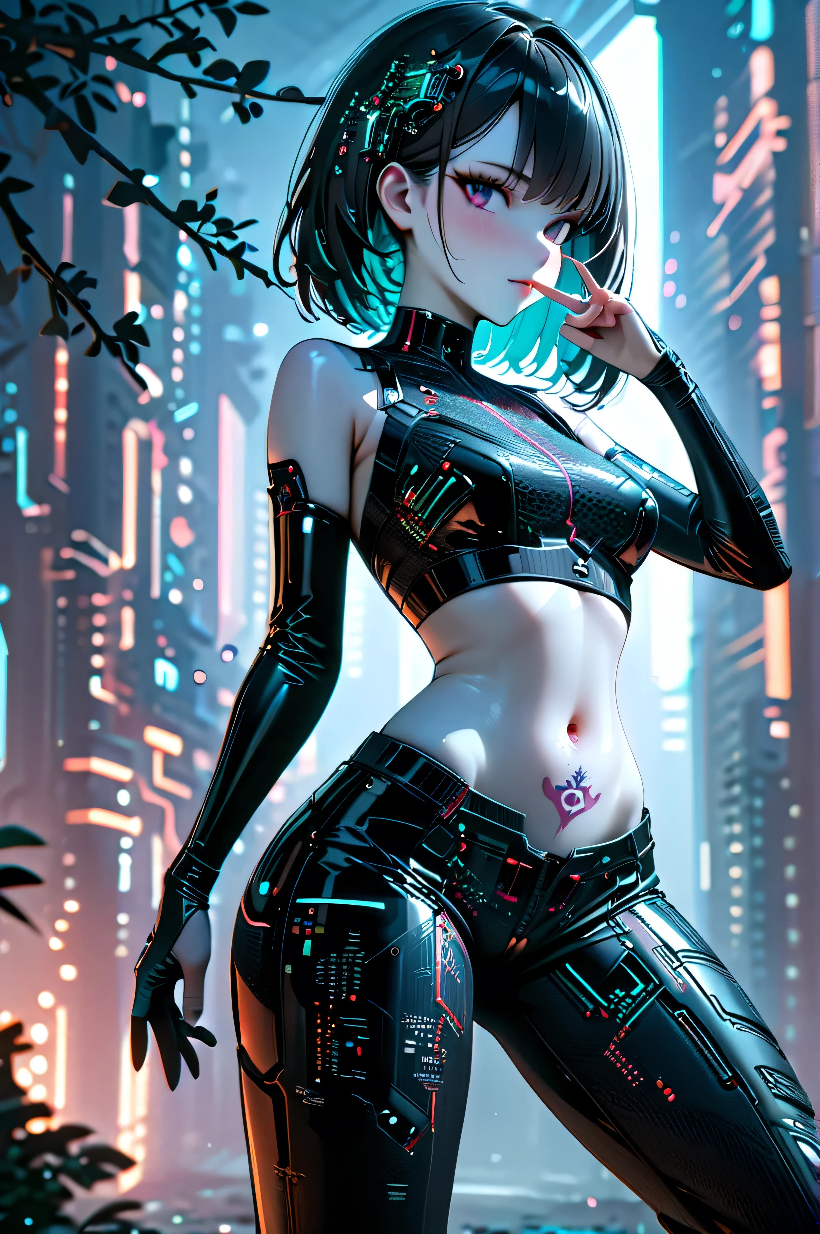 futuristic hair accessory made of circuit boards, (Delicate skin), blue-white skin, Beautiful cybernetics girl wearing a black crop top , navel tattoo , sexy futuristic cyberpunk pants , Over the branch , v, Japanese with glitter effect , cyberpunk background , sensual, Attractive, (Masterpiece:1.3), ( best quality :1.3), ( more details:1.3), 8k, Very clear