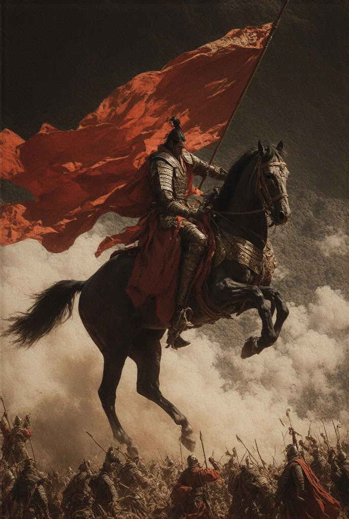  Depicts Takeda Shingen with the flag of Furinkazan on his back in ink painting style、Scene where they ride horses and fight on a fierce battlefield 