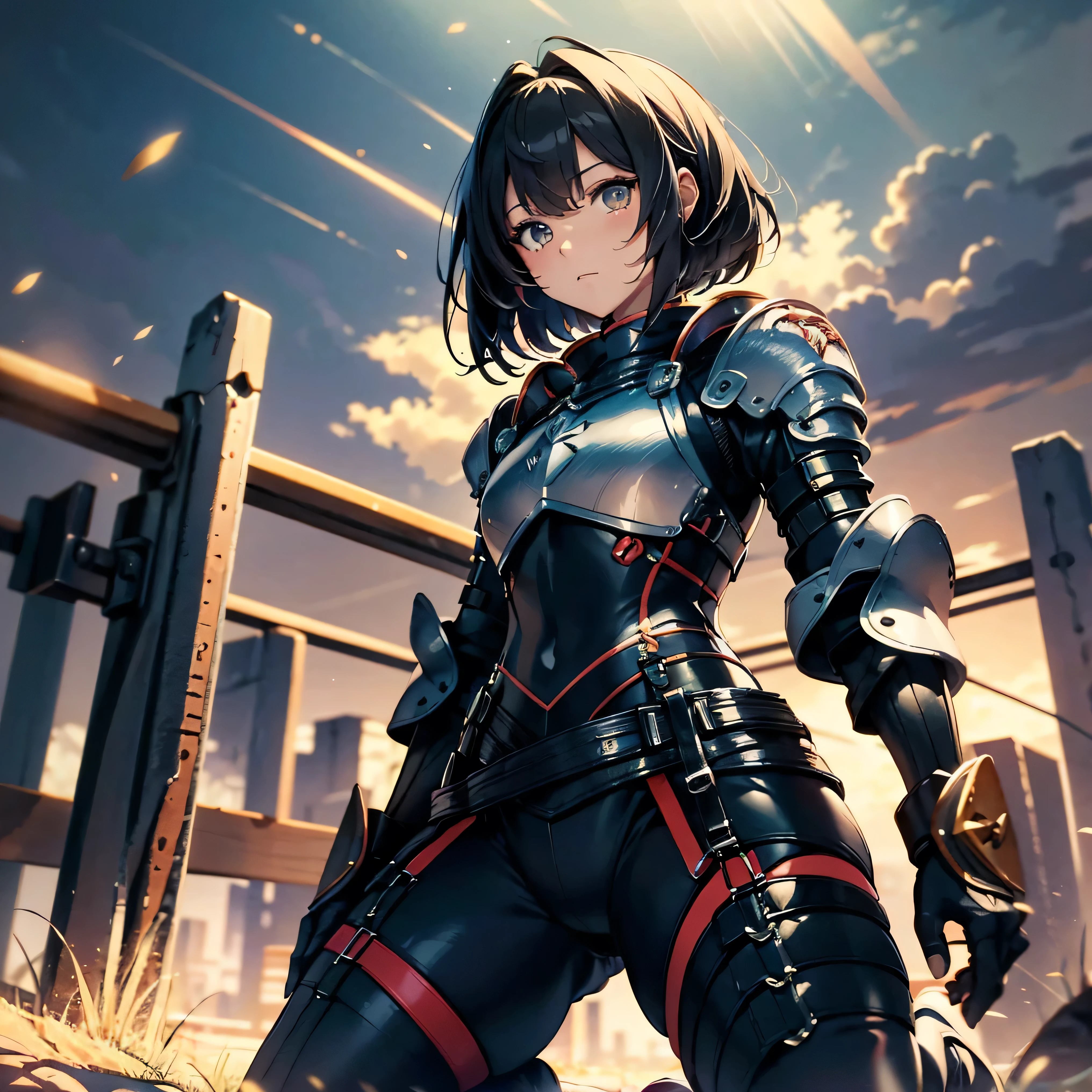 (highest quality，T Masterpiece，final solution，whole body):(24 year old female fighter，Slender、small face、Black Super Short Hair、Shiny black tight combat uniform，tight suit，dynamic angle、dynamic action、(dynamic pose:1.2)、normal posture，normal posture、Gentle smile、Backpack)、(Time Machine、Computer、skyscraper gun、weapons of the future、(Backpack:1.1)、Real World、Plankton rattle field、volumetric fog、gray fog、cigarette、 explosion、apocalyptic、destroyed city background、burning building:1.3、splash of water、starry ski、huge moon、Earth、destroyed giant robot、radio tower、airplane flying overhead、shooting star rocket truck、broken car、derailed train、tank、giant weapon、electronic equipment、Luminous mechanism)