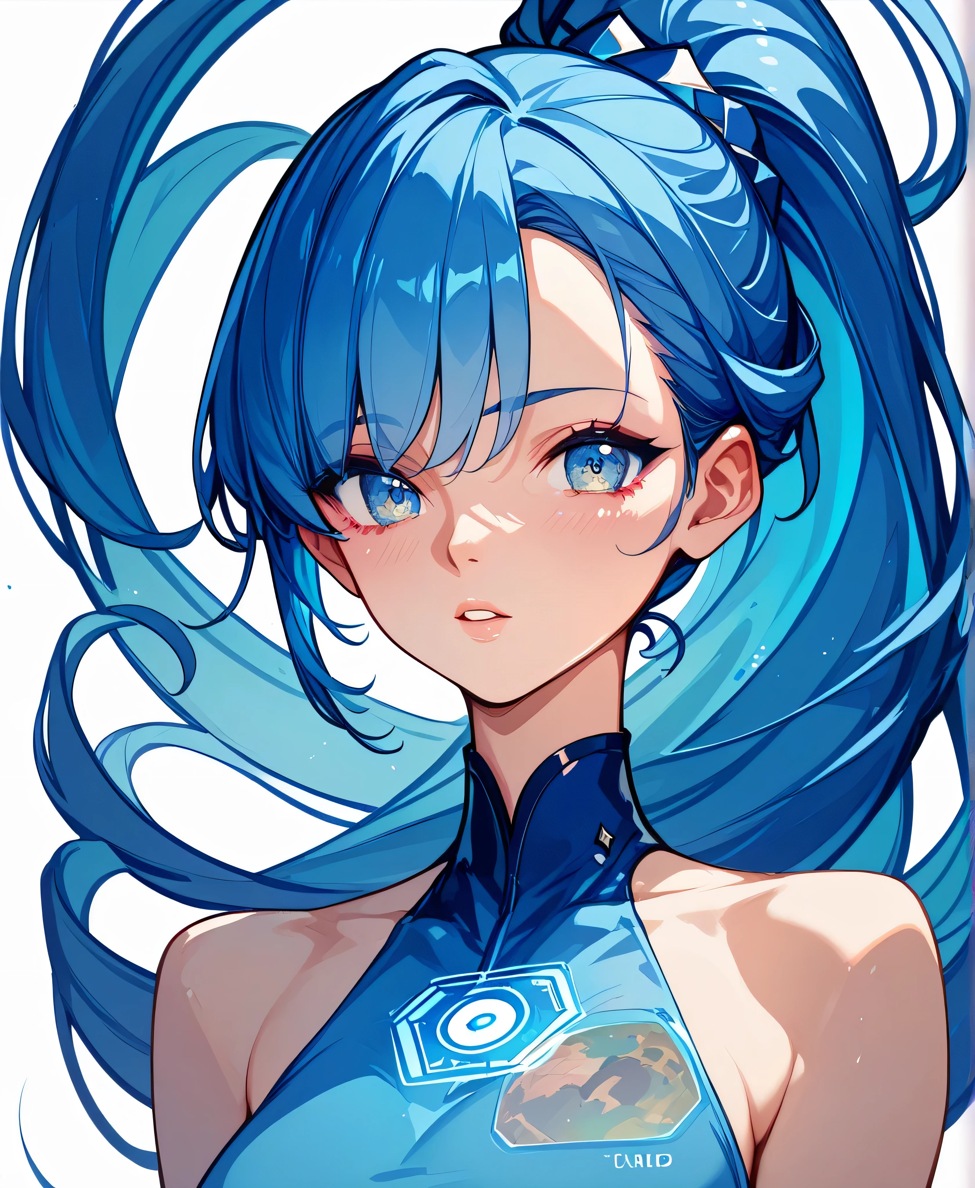 ((Holographic glow effect))、Blue Hair、Masterpiece、Best Quality、1 person、Medium breast、((Album cover))、Light on Face、Slim Body、Blue Costume、Exoskeleton、metal Gear、Cyberpunk Style、ponytail、The Gundam pilot、attention arousal，Ride a fighter