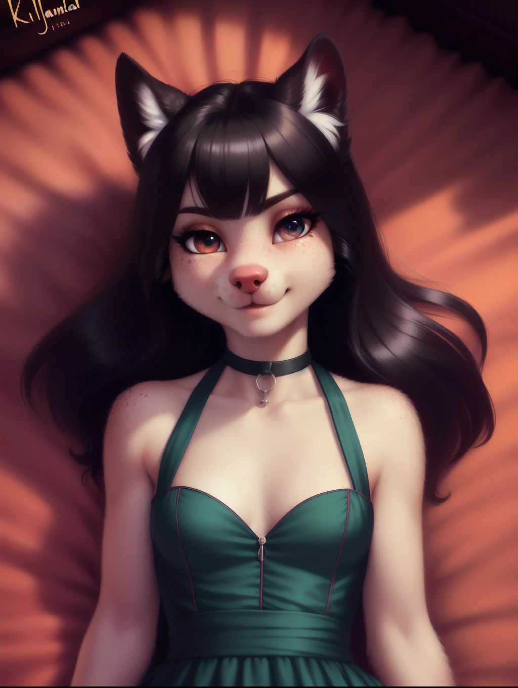 Posing, lying in bed, Female, 30 years old, cute, eyeliner, long hair, sad, red dress, bedroom eyes, anthro, cat ears, (black fur:1.5), cat, bedroom background, 8k, hi res, (best quality, masterpiece), amber eyes