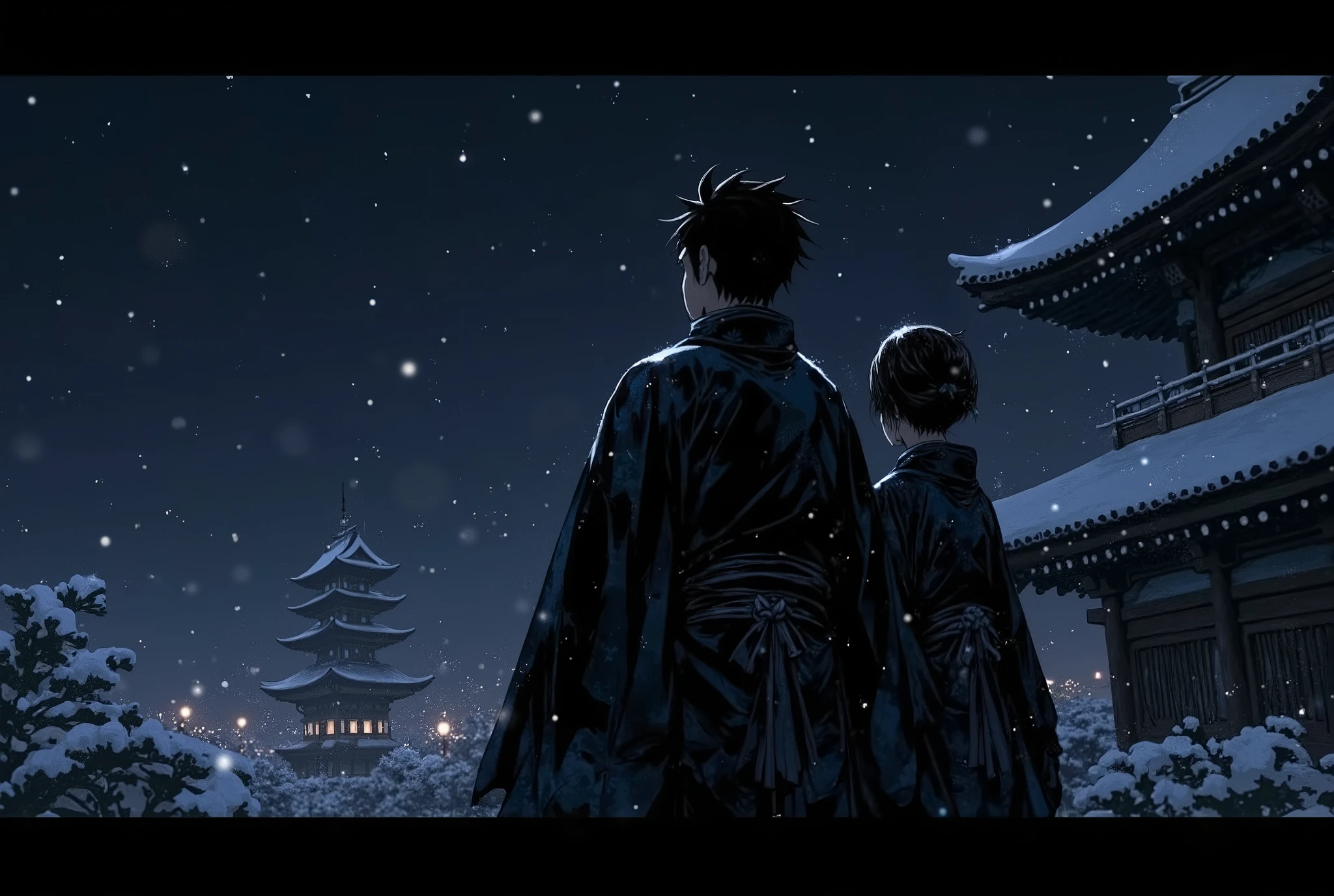 on the roof of an temple building, Silhouettes of two people, adult male, Adult female, They both look up at the sky, snowing, winter, midnight, shinobi building, shinobi village, Generate image, yukata, Anime style, The protagonist is standing with his back to the camera Close-up