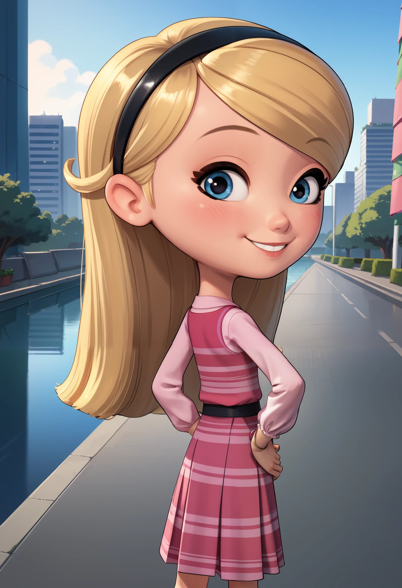 1girl, solo, penny peterson, long hair, blue eyes, 3d, blonde hair, skirt, pleated skirt, hairband, black hairband, white socks, dress, pink dress, long sleeves, puffy sleeves, Black Mary Janes, spread legs, Hands on hips, perfect body, sexy, looking at viewer, cute giggle, smiling, light blush, smile, perky, dynamic angle, outdoor, blushing, cute smile, back view, ((Tokyo), Japan, Tokyo city, beautiful art, soft lighting