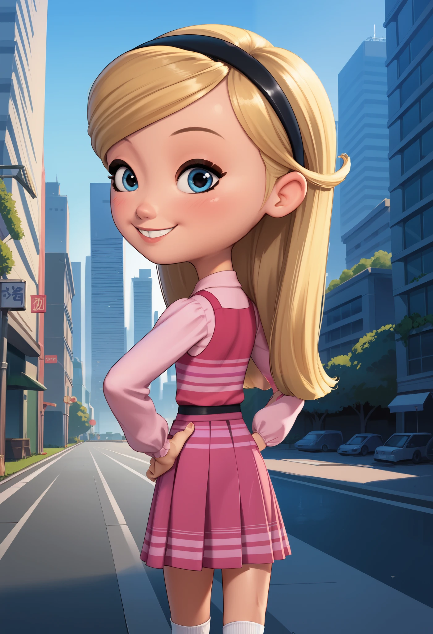 1girl, solo, penny peterson, long hair, blue eyes, 3d, blonde hair, skirt, pleated skirt, hairband, black hairband, white socks, dress, pink dress, long sleeves, puffy sleeves, Black Mary Janes, spread legs, Hands on hips, perfect body, sexy, looking at viewer, cute giggle, smiling, light blush, smile, perky, dynamic angle, outdoor, blushing, cute smile, back view, ((Tokyo), Japan, Tokyo city, beautiful art, soft lighting