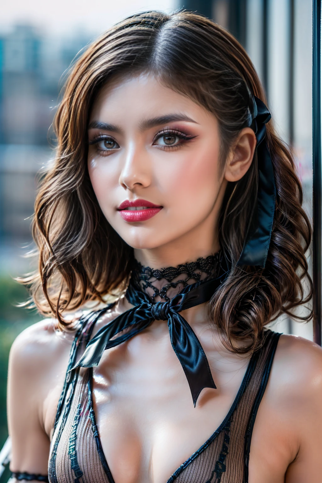 ((perfect round eyes))、dressed, ((Black-red long lace-up dress with white fishnet accessories:1.26)), (Ultra-realistic最high quality), (photo realistic:1.65), (realistic:1.65), (increase cinematic lighting quality:0.55), 16K, 32K, (1girl:1.3) 20years old、fashion supermodel、realistic lighting, light on face, (Super beautiful body)、(beautiful, detailed face:1.5)、(detailed eyes:1.45)、(detailed lips:1.35)、(Detailed nose:1.25)、(Increase quality:1.4), (best quality real texture skin:1.3), (finely detailed eyes), finely detailed face, (finely quality eyes:1.12), ((random expressions))、((firm full breasts:1.44))、((narrow waist:1.4))、medium ass、 beautiful cheekbones、 (slim belly: 1.3)、((slim, well-muscled body:1.35))、((small head: 1.4))、((slim face)), ((anatomically correct)), ((pink_makeup:1.25)), ((long_blue)_eyeliner:1.38), (red_lipstick:1.35), ((perfect dark_purple_eyeshadows:1.28)), iridescent eyes, with professional makeup, vibrant eyes:1.2, ((Glamour, paparazzi taking pictures of her)), ((minimalist skimpy very provocative Extravagant street outfit1.27)), The attention to detail, Double eyelids, Wear an off-the-shoulder top, full bodyesbian，(((choose a color hair, hairstyle:1.25))),  ((brown_eyes:1.6)), contrast、dark shot:1.12、The ultra -The high-definition, 