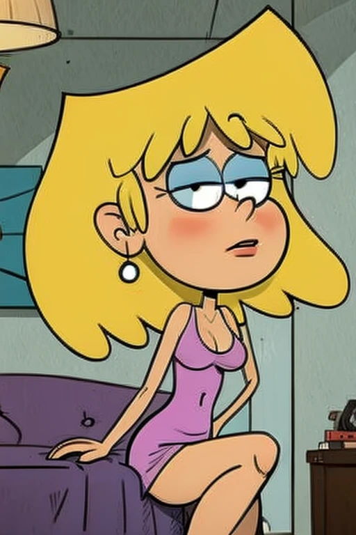 pov, leni loud, kneeling, green dress, sunglasses, penis, blonde, looking at viewer, arms behind back, from above, open mouth, half-closed eyes, legs apart, tongue out, cum in mouth