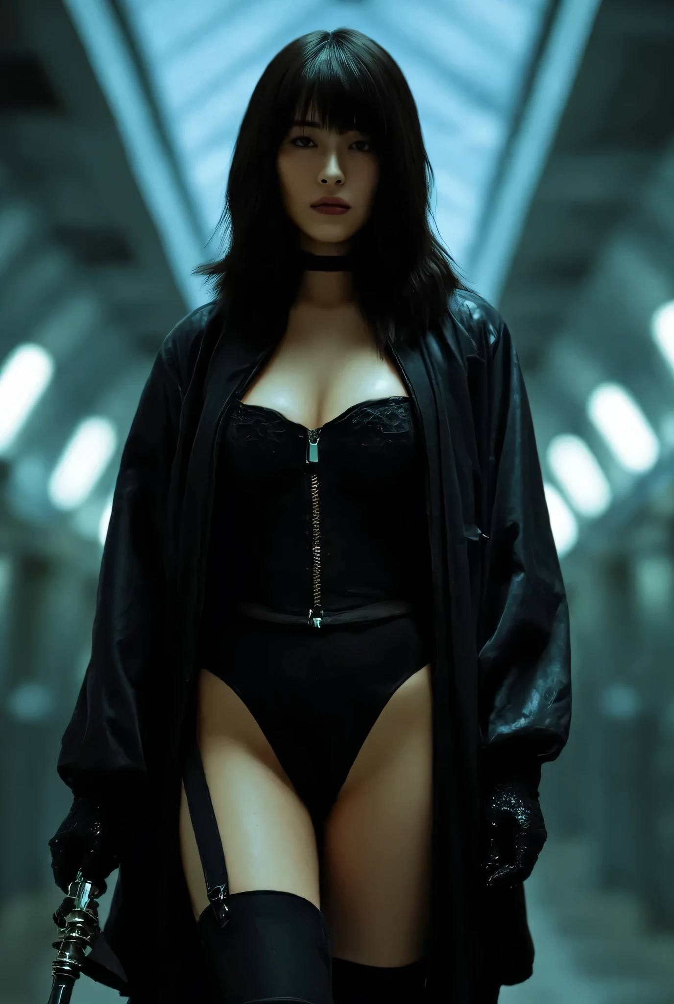 (((The dark interior of the Nostromo ship :2.0))),((( HR Giger style cyberpunk atmosphere:2.0))),(((Hold a cyberpunk-style Japanese sword:2.0))), ,((whole body:2.0)), one woman,( cute face),(Beautiful well-balanced face ),( natural big breasted :1.5),( black hair:1.5),( beautiful eyes:1.3),Glamorous shot of a 20 year old Japanese woman , Slender Beautiful Body ,( model body type:1.3),(Slim body:1.3), perfect body line, Ideal Proportions ,( big breasts:1.5),Bare thighs,Voluptuous thighs, delicate body,( Shrimp:1.7),A harmonious posture,(Realistic breast depiction :1.7), carefully depict limbs based on perfect anatomy ,((Wear a samurai kimono-style military coat with an open front over a black super high-leg leotard :1.5)),((Ultra high-leg leotard made of form-fitting camy-like latex:1.5)),(( Samurai Kimono Style Military Coat with Open Front Over Leotard:1.5)),(ear monitor:1.5),((Tactical Holster:1.5)),( gloves:1.3), concept art ,( best quality :1.5),(masterpiece:1.5),(Super high resolution),resolution,UHD,( Delicate Depiction), carefully drawn with butterfly wings ,32K,(( realistic skin texture:1.5)),((( Ultra Realistic:1.5))),Draw eyelashes carefully, very detailed face,Highly detailed female hand,Sexy appearance,Very sensual,(Blurry Dim Backgrounds :1.5), chicken,( movie lights:2.0),((Blade Runner Style Light :2.0))