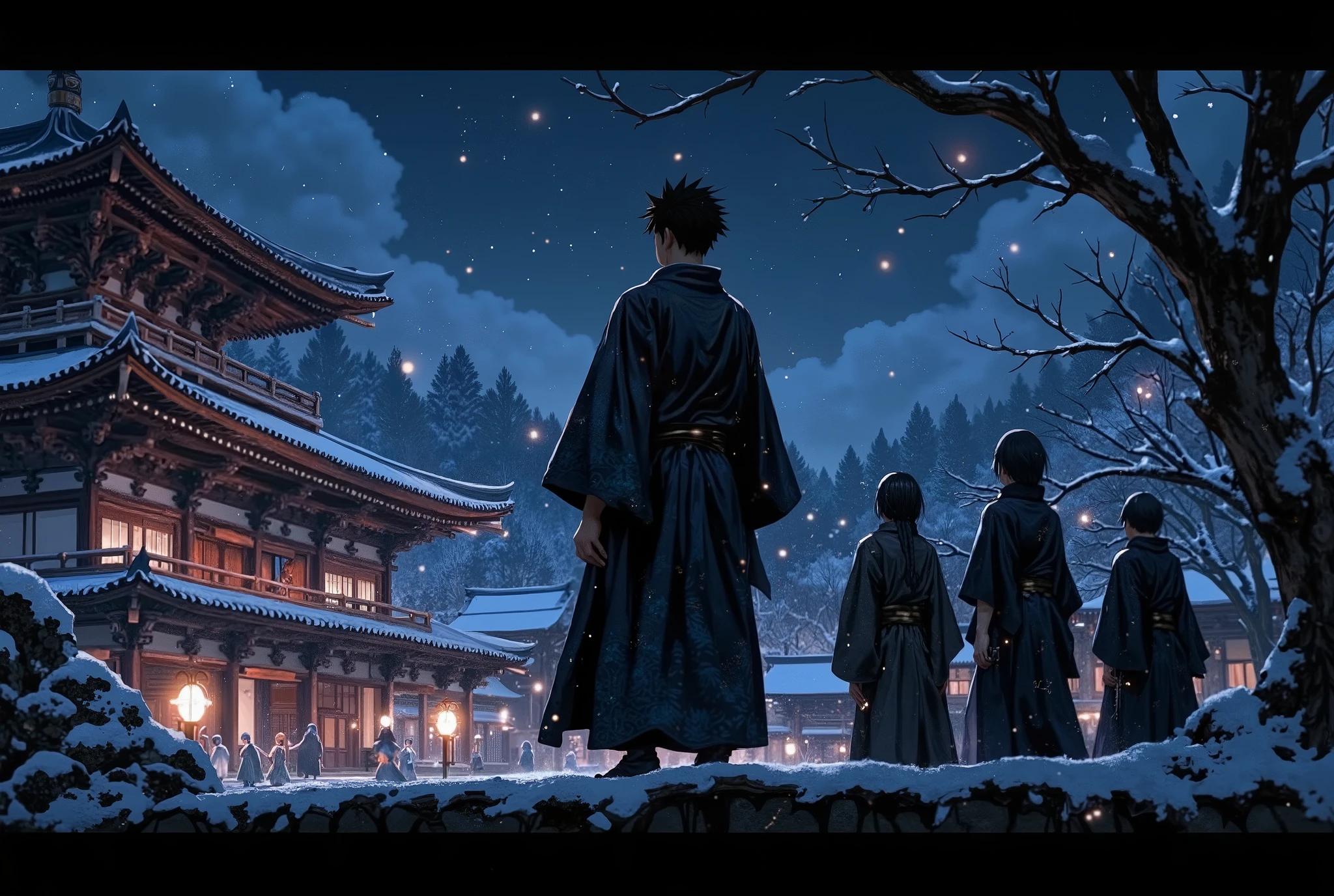 on the roof of an temple building, Silhouettes of four people, adult male, Adult female, They look up at the sky, snowing, winter, midnight, shinobi building, shinobi village, Generate image, yukata, Anime style, The protagonist is standing with his back to the camera Close-up, high quality, Created using Unreal Engine, hyper-detailed, and insane details come to life in this beautifully color-graded masterpiece