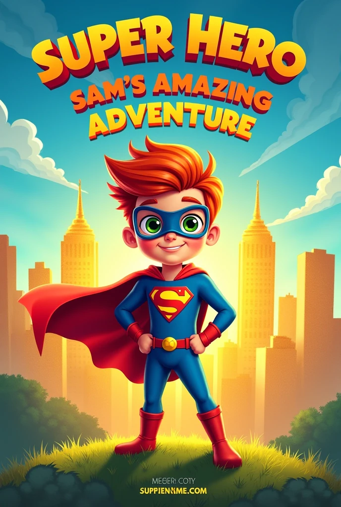 "A colorful cover illustration featuring Sam, a young  with bright red hair and sparkling green eyes, wearing a colorful superhero costume complete with a cape and mask. Sam stands proudly on top of a small hill, with a golden city skyline behind them. The title 'Super Hero Sam's Amazing Adventure' is prominently displayed at the top, with a fun, bold font. At the bottom, it reads 'Written by [Your Name]' in a smaller, playful font."
