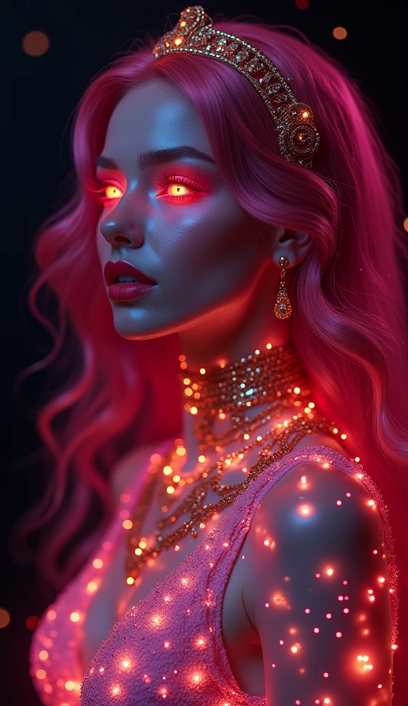 (( best quality)), (( masterpiece )), (detailed), perfect face, perfect body , elegant and luxurious, goddess, red full lips, neon magenta eyes ,
neon magenta wavy hair, mystical, magical powers , Light, Glitter, shine, , gold jewelry , realistic , In cosmos , hovers , Black background