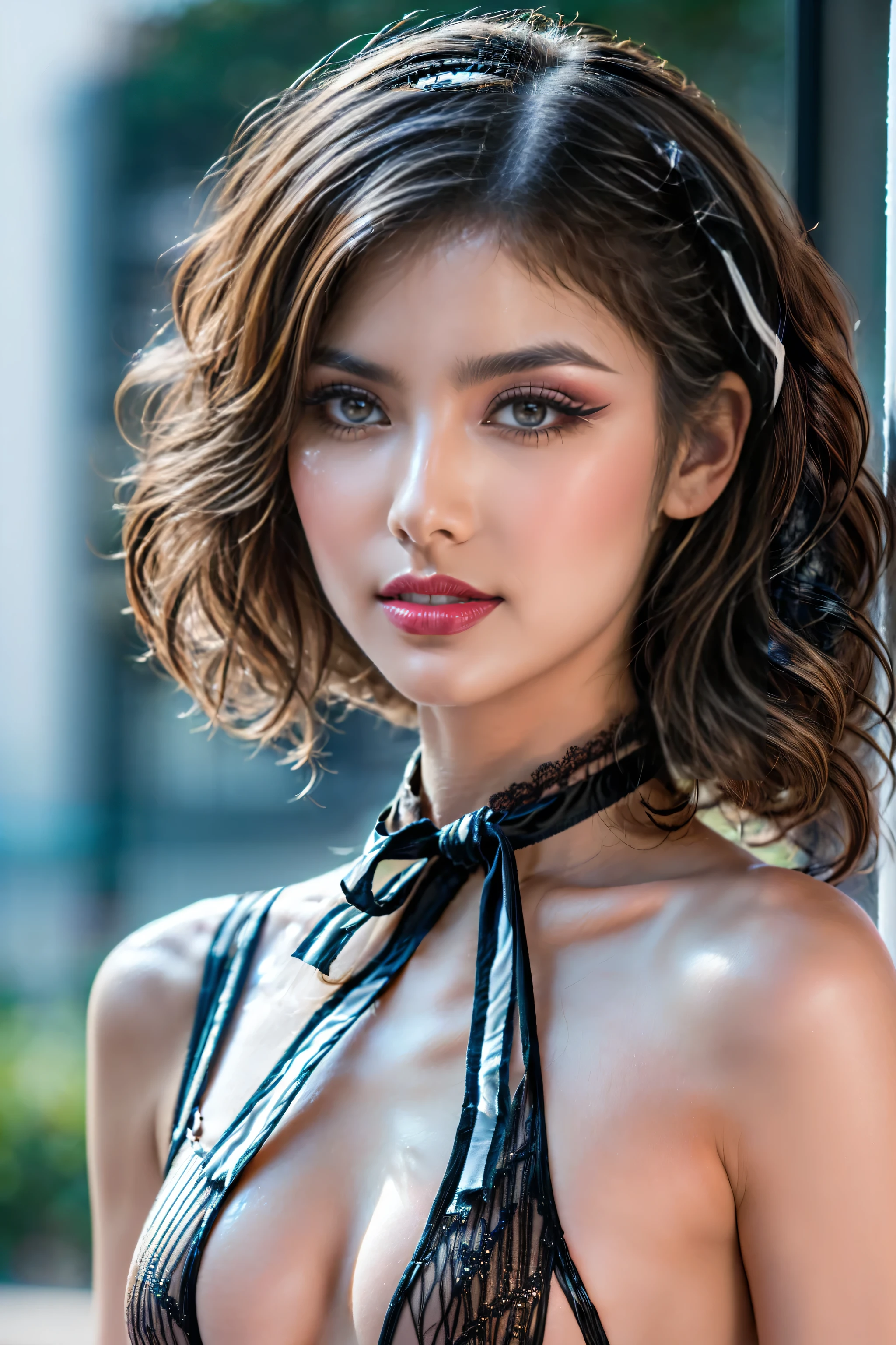 Realistic (photorealistic Realism), (high resolution), ((intricately detailed digital art)), professional photography, (portrait) a cute 1 Female, European, (ultra realistic texture details: velvety skin, hair),((sharp focus, no blurr eyes, high resolution, absurd quality, Realistic brown_eyes:1.4),intricately detail:1.35),((extremely fine details eyes))((extra narrow eyebrows))(Carefully draw Long blue_eyelashes:1.2)(perfect round eyes:1.3).((finely detailed pupils:1.3))((extremely fine details pupils:1.3))((extremely fine details iris of the eyes:1.35))(Shining, mesmerizing, Vibrant eyes:1.22).(professional makeup:1.4)((perfect dark_eyeshadows:1.4)),detailed lips:1.3,(apply glossy red_lipstick:1.3)(pink_makeup:1.28), (beautiful little nose), (perfect proportions:1.2),(small head),(anatomically correct), perfect female body, Wear an off-the-shoulder, full bodyesbian, (Beautiful long legs in good style:1.25), medium butt, beautiful cheekbones, (slim belly: 1.2), (slim, muscular body: 1.2), ((lace fishnets, mesh stocking:1.3)), ((wear black ribbon(narrow:1.25)),, ((One-piece micro swimsuit, (made entirely of black ribbon in the form of a micro-strings:1.4))), ( culry heban hair, curls at the ends of the hair, hair above one eye,(combed to the side)), she is tanding on a terrace to a luxurios Italien villas, Old luxurios villa with a beautful oasen view, detailed lips:1.3, (apply glossy red_lipstick:1.35), (pink_makeup:1.3), (professional makeup:1.4), (perfect proportions:1.2),(anatomically correct), perfect female body, (Super beautiful), (vivid and colorful), The attention to detail, focus of girl, dynamic pose, sexy and seductive, flirty smile, dslr, high quality split lighting, sharp focus captured by Fujifilm XT3, f 5.6, in a dramatic lighting, (perfect composition),