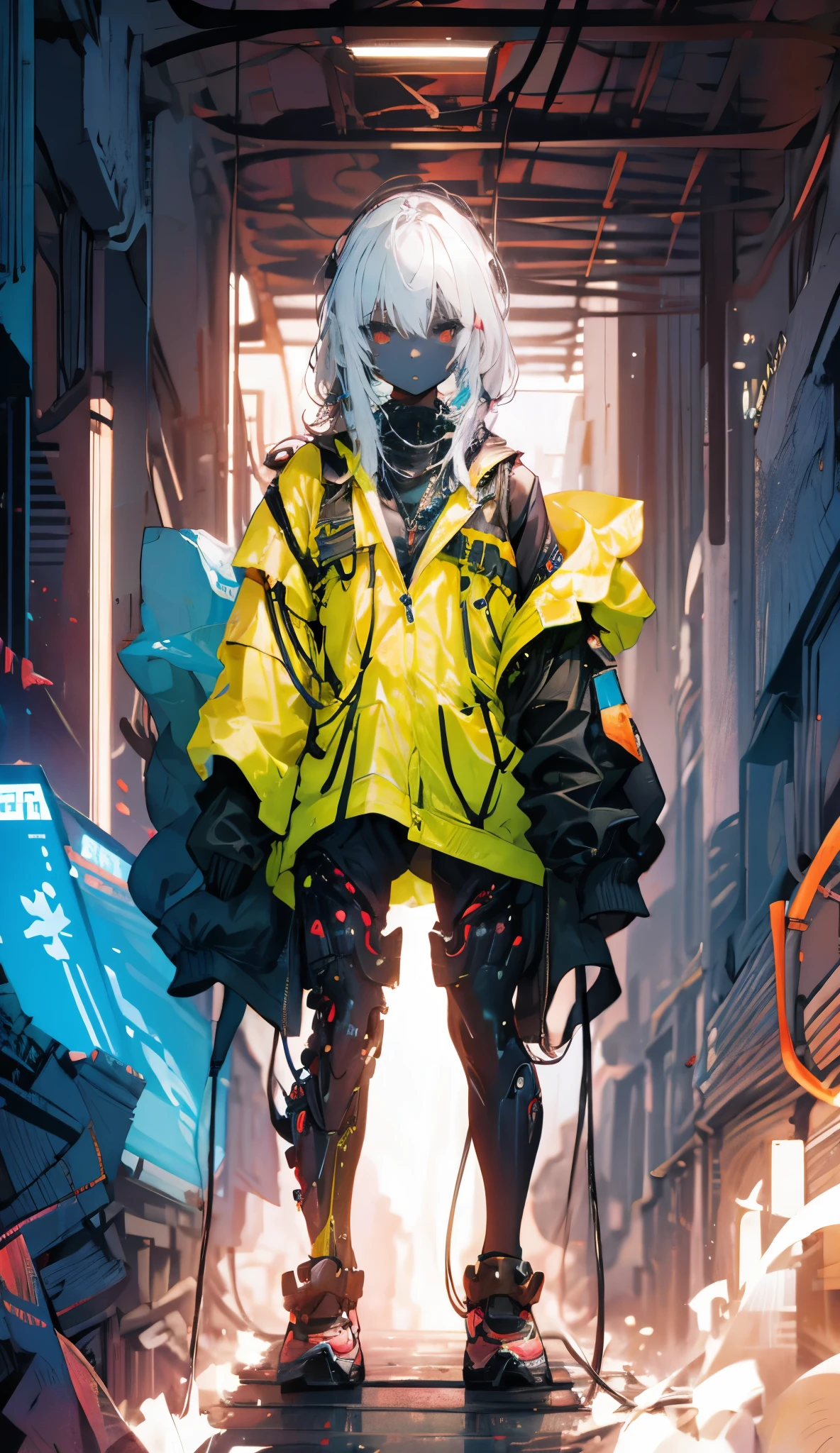 A person with mechanized body parts in the cyberpunk style stands out. His transparent skin reveals circuits and cables, while his eyes glow with colored LEDs. The limbs are a mixture of flesh and metal, with advanced prosthetics and cybernetic interfaces. Wearing a black leather jacket, the figure is set in a dystopian urban setting with decaying skyscrapers. The image represents the fusion between the human and the mechanical in the futuristic world of cyberpunk