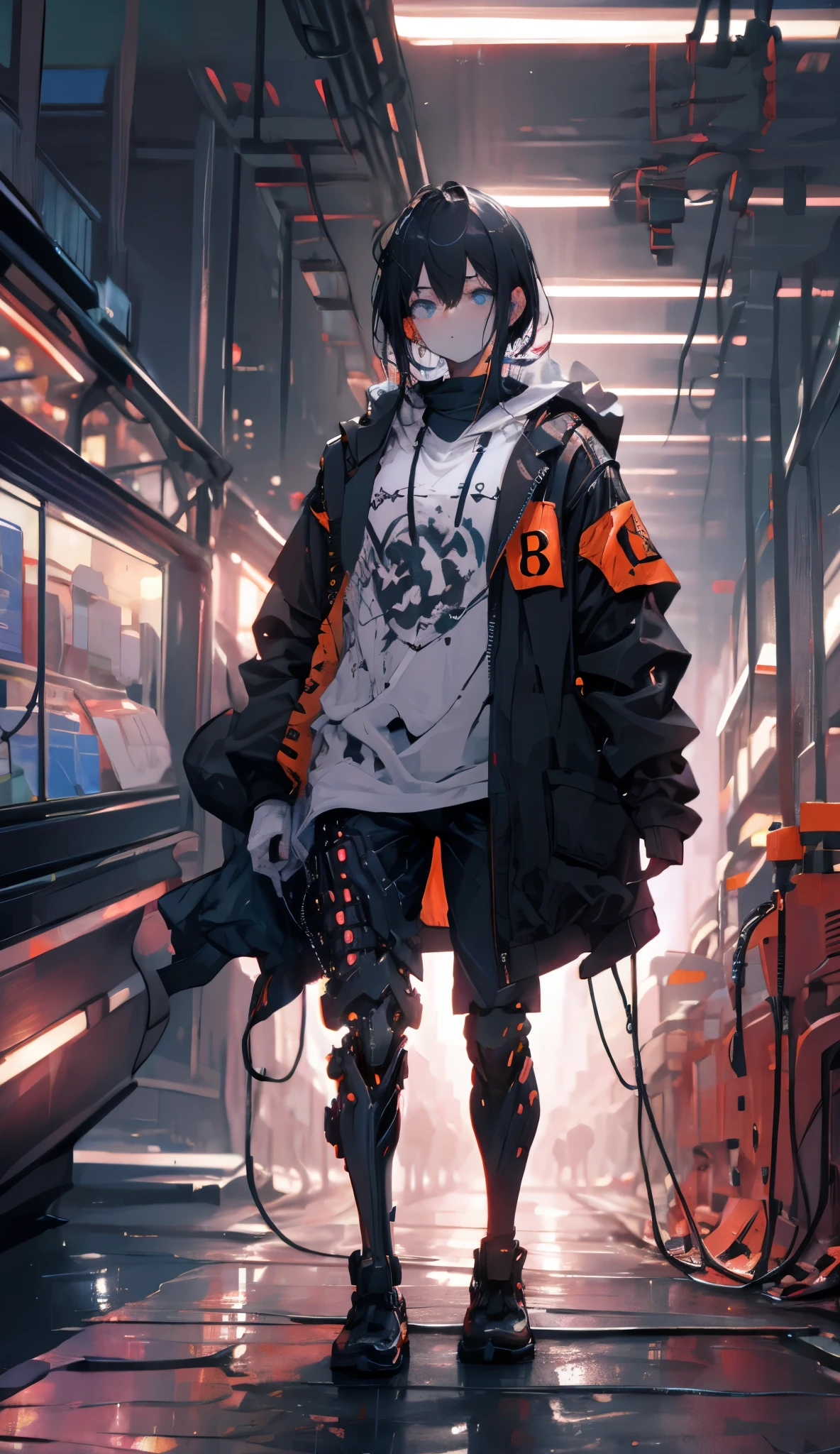 A person with mechanized body parts in the cyberpunk style stands out. His transparent skin reveals circuits and cables, while his eyes glow with colored LEDs. The limbs are a mixture of flesh and metal, with advanced prosthetics and cybernetic interfaces. Wearing a black leather jacket, the figure is set in a dystopian urban setting with decaying skyscrapers. The image represents the fusion between the human and the mechanical in the futuristic world of cyberpunk