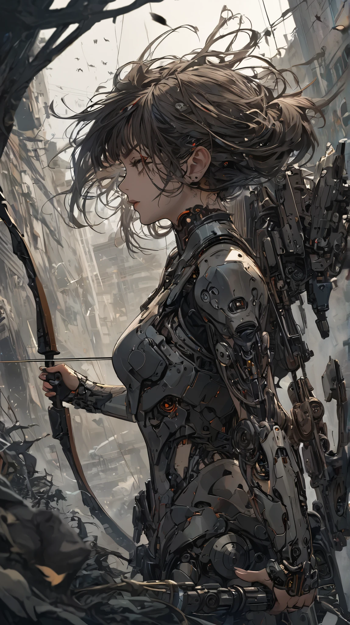 Cyborg girl, intricate details, holding a longbow, chaotic environment background, sfw picture, profil view, hunting pose