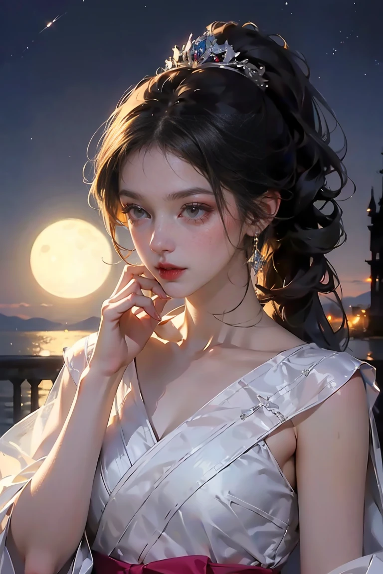 1 adult empress wearing a red lace top, deep-breasted nightgown, Chinese-style clothes, ancient costumes with many phoenix patterns, flawless pink and white face, crowned head, hip-length black hair , very beautiful and sharp brown eyes, small red lips, painted lips, closed mouth, jewelry worn around the neck, earrings, white and even teeth, high nose, big round breasts, the girl's body is covered with water on chest, long legs, thin mesh black socks, portrait, most realistic, highest quality, best pixels, 8k ultra , (clear super big moon background: 1.8)