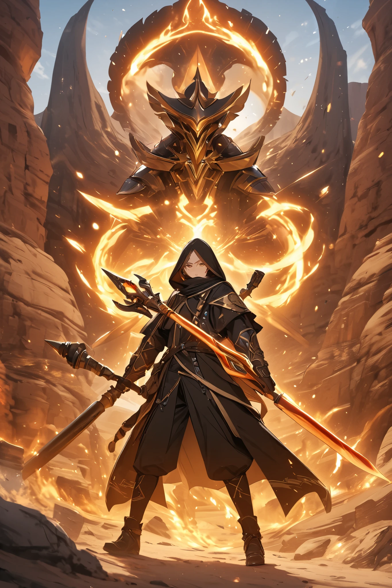 2people, 1 person in the back 2nd person in the front  both look in the camera, cloaked desert mage with a fire staff and cloaked desert warrior with a fire blade