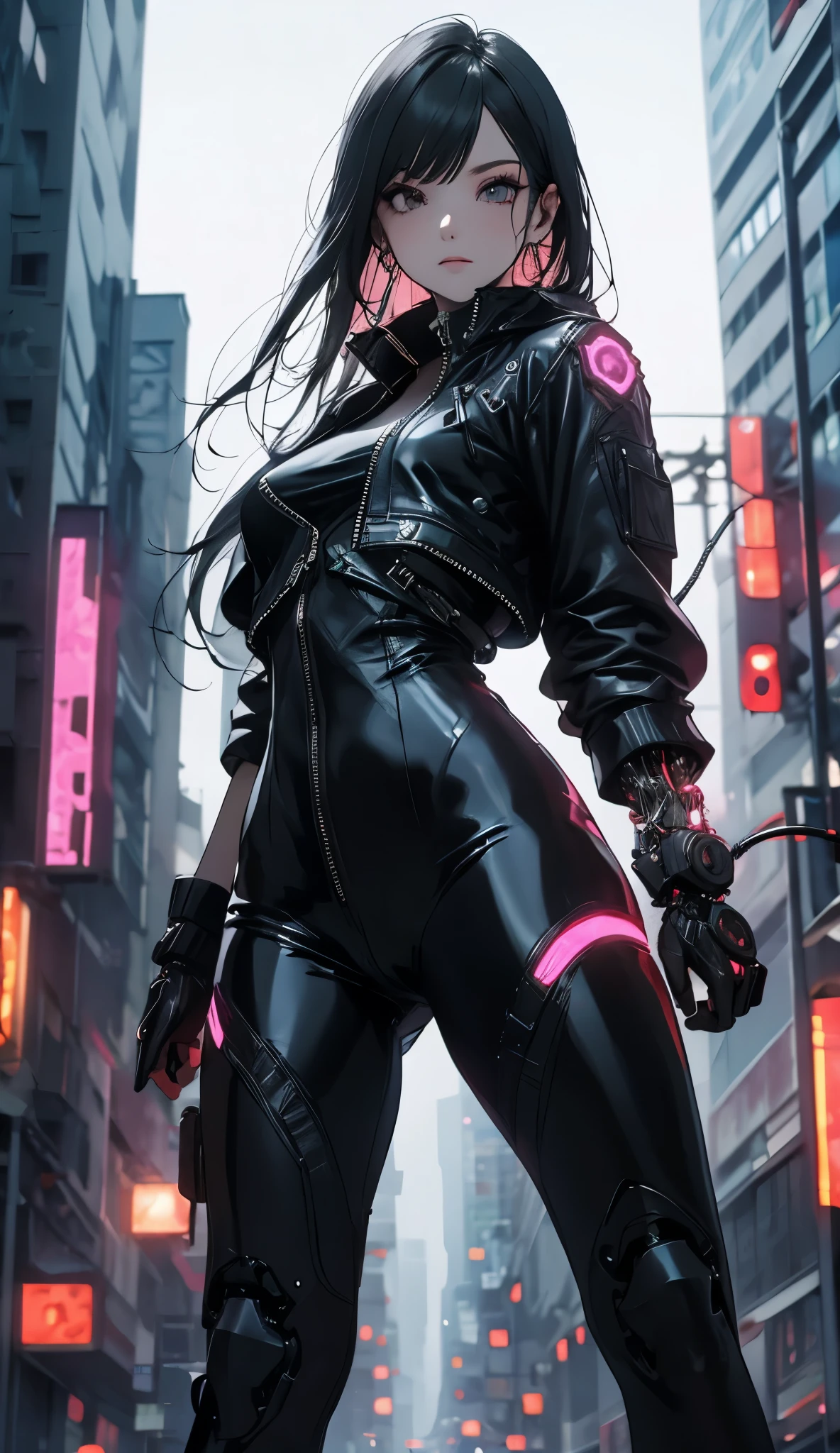 A person with mechanized body parts in the cyberpunk style stands out. His transparent skin reveals circuits and cables, while his eyes glow with colored LEDs. The limbs are a mixture of flesh and metal, with advanced prosthetics and cybernetic interfaces. Wearing a black leather jacket, the figure is set in a dystopian urban setting with decaying skyscrapers. The image represents the fusion between the human and the mechanical in the futuristic world of cyberpunk  