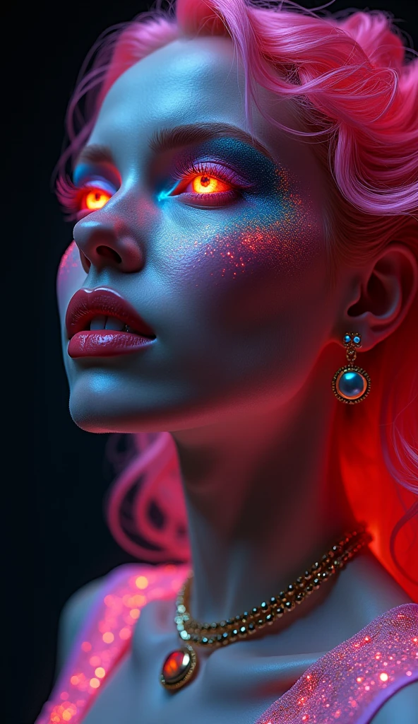 (( best quality)), (( masterpiece )), (detailed), perfect face, perfect body , elegant and luxurious, goddess, red full lips, neon rainbow eyes ,
neon curved wavy hair, mystical, magical powers , Light, Glitter, shine, , gold jewelry , realistic , In cosmos , hovers , Black background