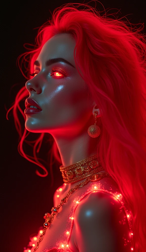 (( best quality)), (( masterpiece )), (detailed),   perfect face,  perfect body ,  elegant and luxurious, goddess,  neon red full lips ,  neon red eyes , 
  neon red wavy hair, mystical,  magical powers , Light, Glitter, shine, , gold jewelry ,  realistic , In cosmos   , hovers , Black background