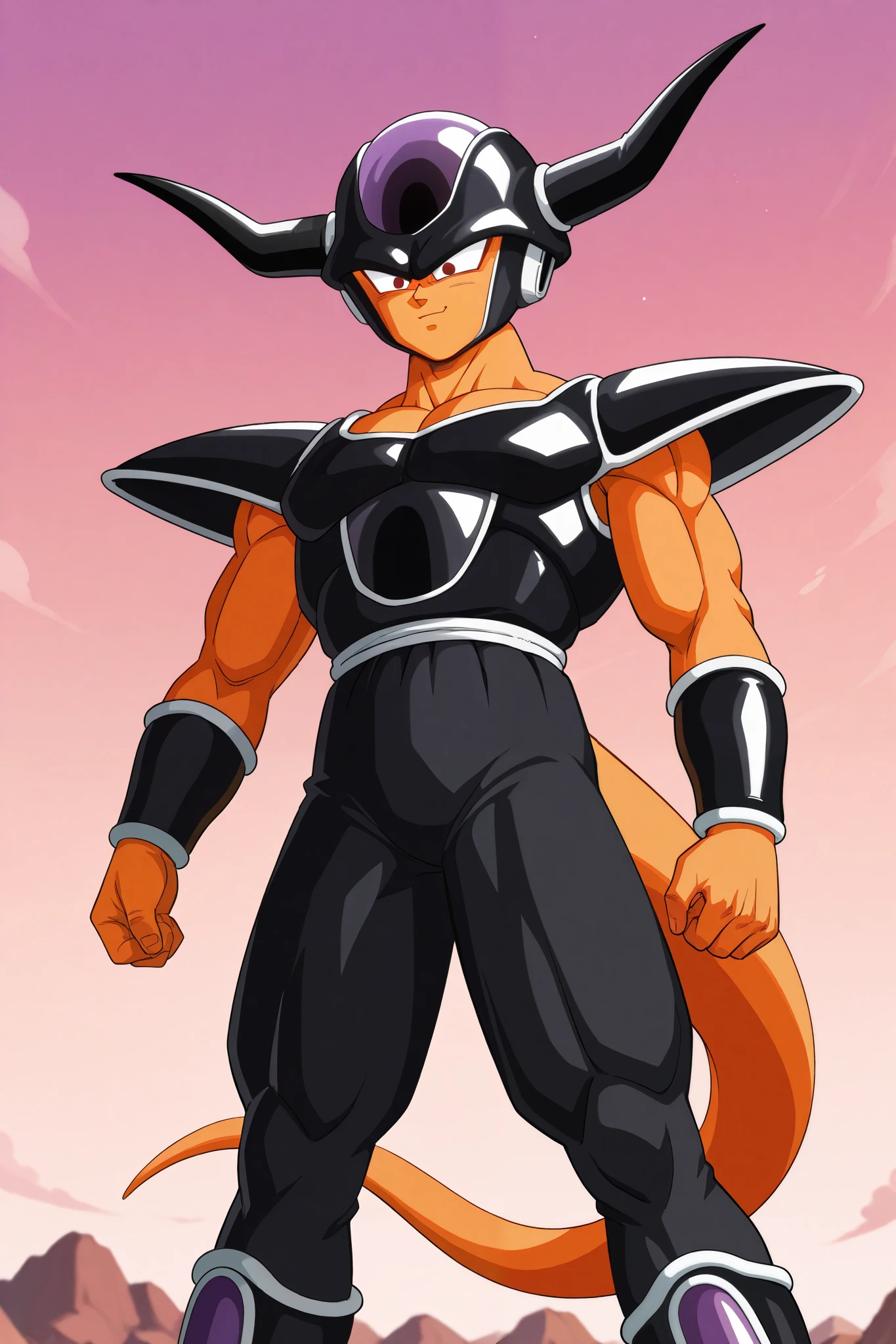 Orange skin, black body armor, horns, dragon ball style