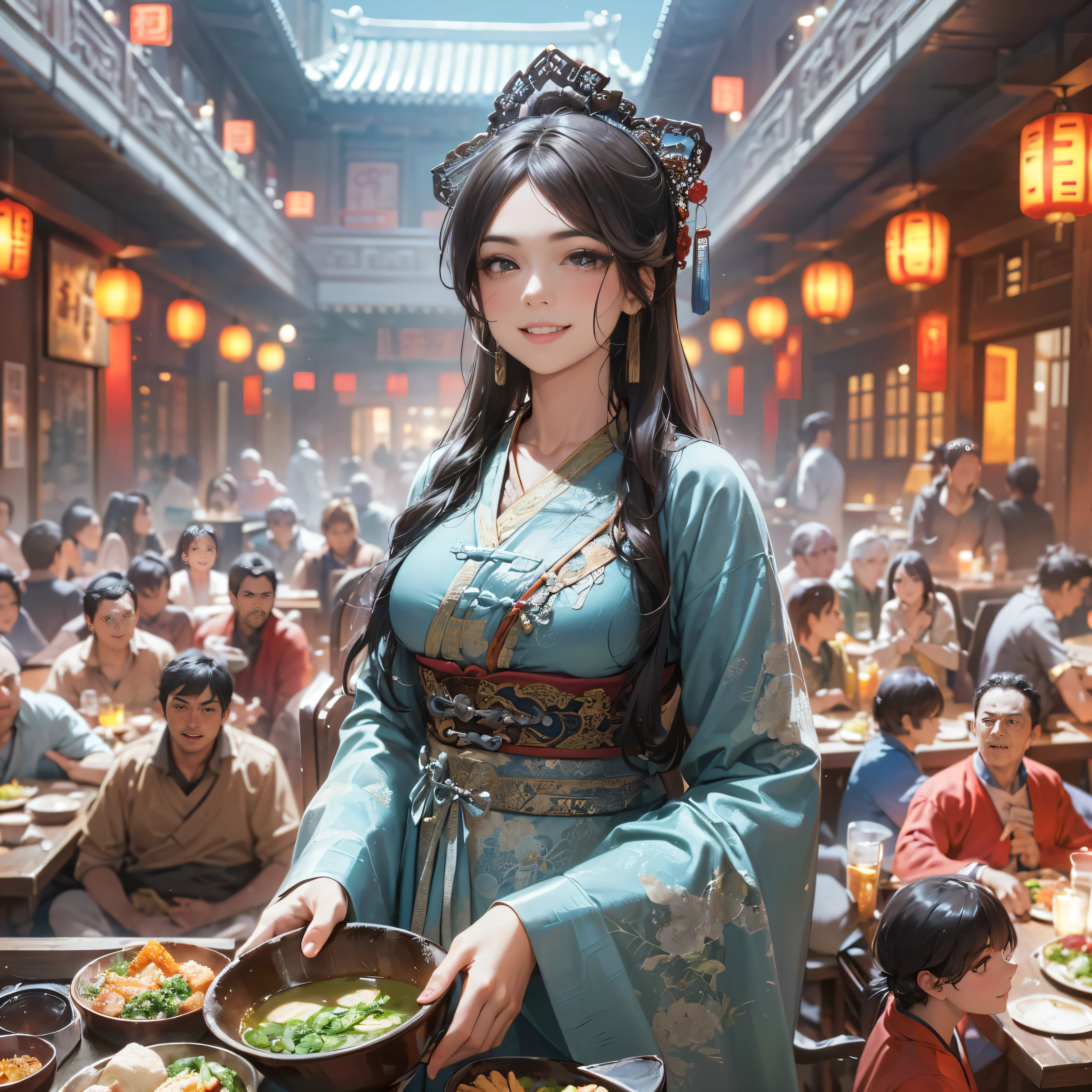 (The most amazing scene ever created:1.0), (Masterpiece:1.0), (Best Quality:1.0), (amazing quality:1.0), (sharpest focus:1.0), (Ultra-realistic Photo:1.0), (Ultra-precise Photo:1.0), (beautiful face and eye:1.2),
(Depth of field:1.0), (super fine:1.0), (16k:1.0), (incredibly absurdres:1.0), (extremely detailed:1.0), (delicate and dynamic:1.0), (very aesthetic:1.0), (absurdres:1.0), (beautiful face and eye:1.2), (perfect anatomy:1.2),
(very tall, broad-shouldered, large lady:1.2), (very beautiful lady in a bar in Song dynasty China:1.5), (large beautiful middle-aged woman with rolled-up sleeves and arms raised high serving a large quantity of food:1.5),
(pleasant smile:1.4), (a bustling, folksy bar:1.2), (big smile:1.5), (winning smile:1.5),