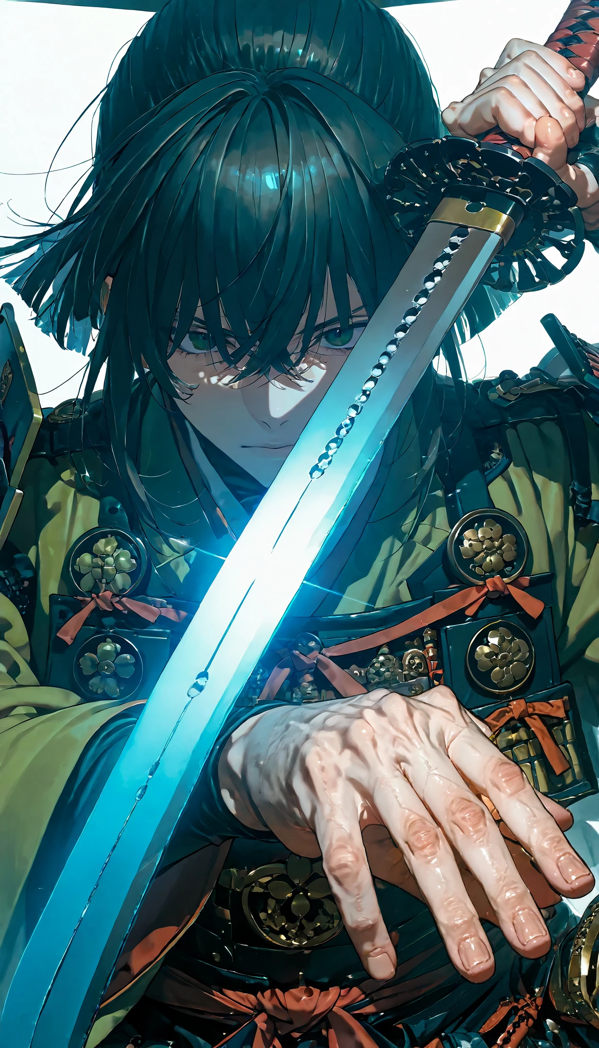 Close-up of a sword wielded by a samurai , face out of focus, Detailed sword with edge and ornament., sword held in one hand, Image taken from below reflecting the light of the metal sword.