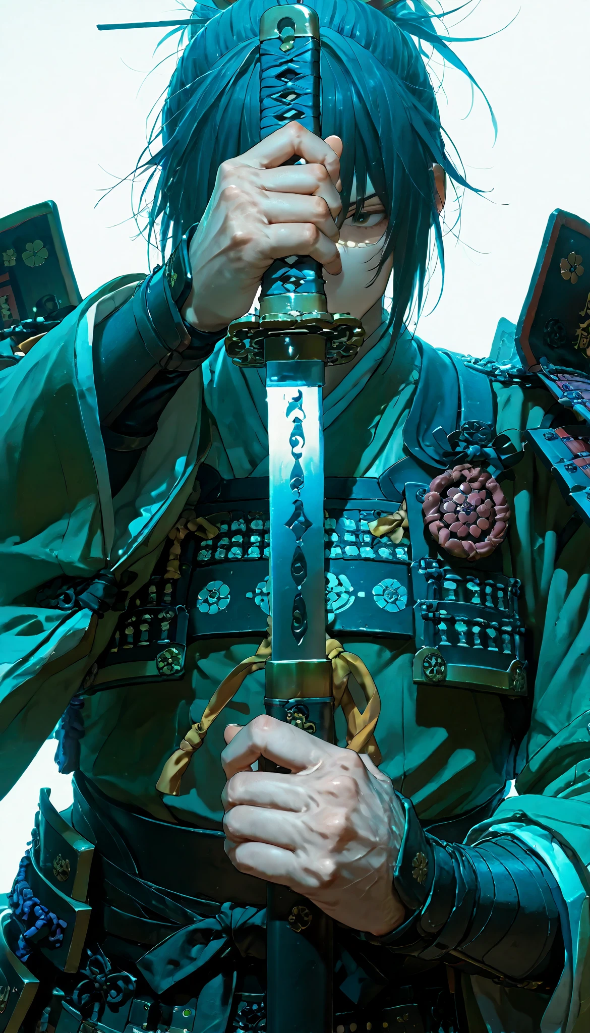 Close-up of a sword wielded by a samurai , face out of focus, Detailed sword with edge and ornament., sword held in one hand,  Image taken from below reflecting the light of the metal sword.