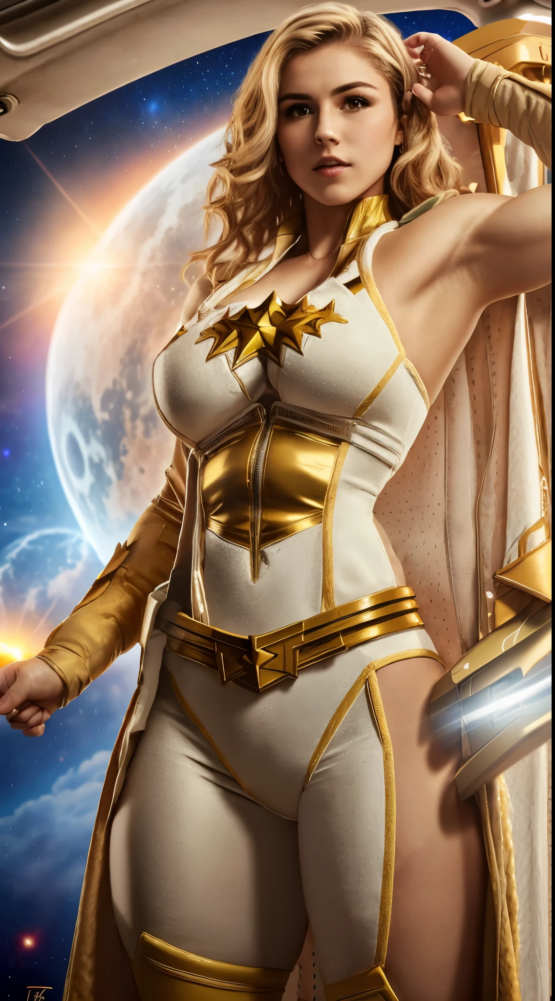 epic realistic, a woman looks angrily with glowing white eyes, cinematic, complex background, 4k textures, waist height, large breasts, skimpy, cleavage