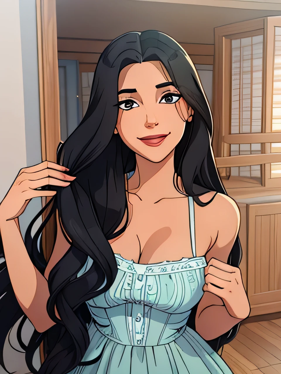 2 girl, sitting on a sofa, wearing a tight white dress, she's smiling, Her hair is long black, Her breasts are big, Her nipples are marked