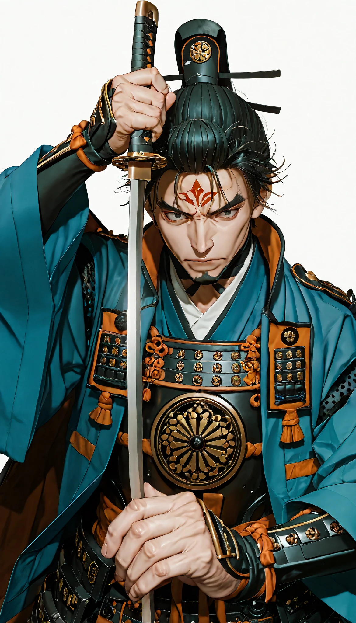 Close-up of a sword wielded by a samurai , face out of focus, Detailed sword with edge and ornament., sword held in one hand, Image taken from below reflecting the light of the metal sword.