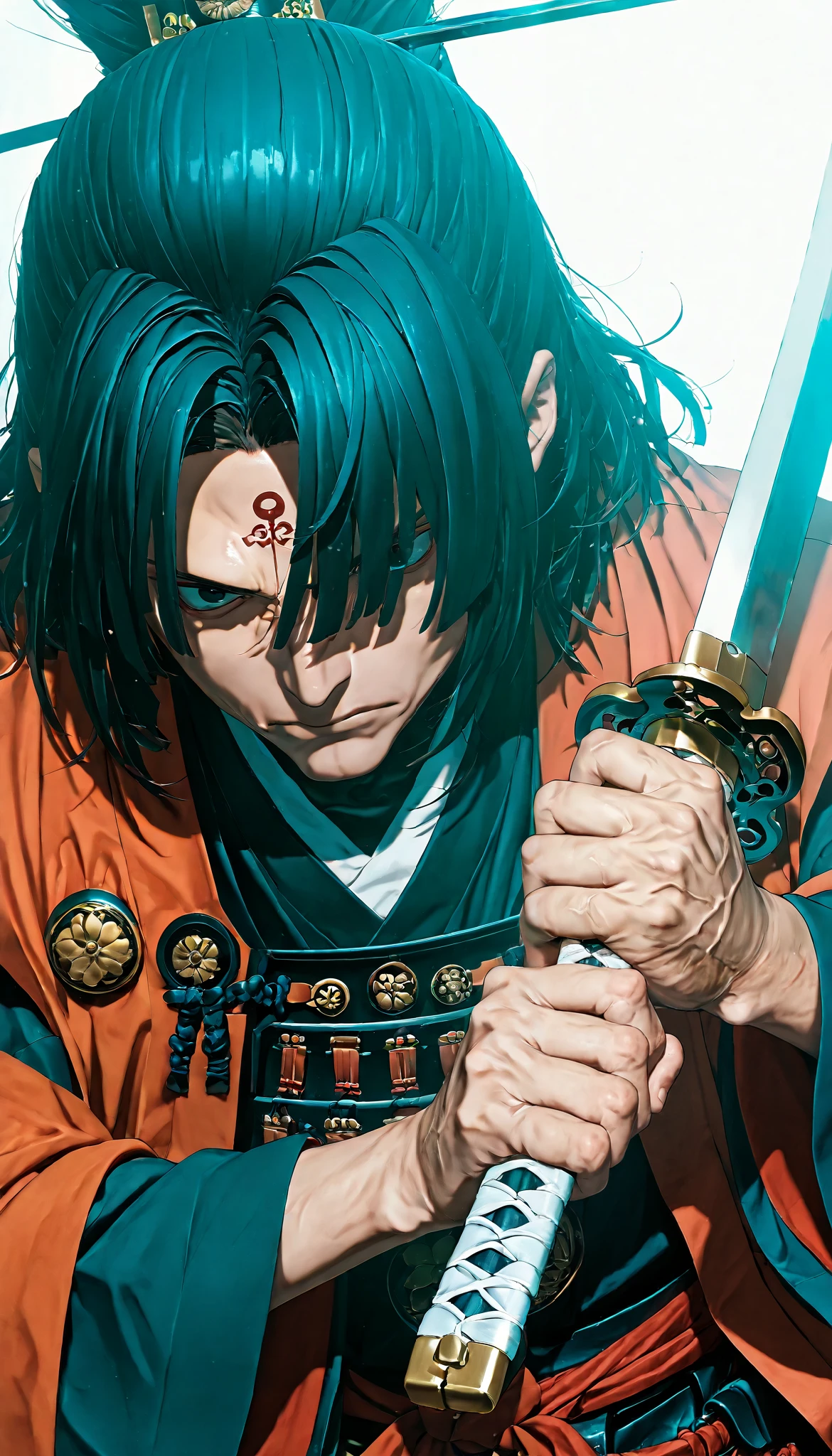 Close-up of a sword wielded by a samurai , face out of focus, Detailed sword with edge and ornament., sword held in one hand, Image taken from below reflecting the light of the metal sword.