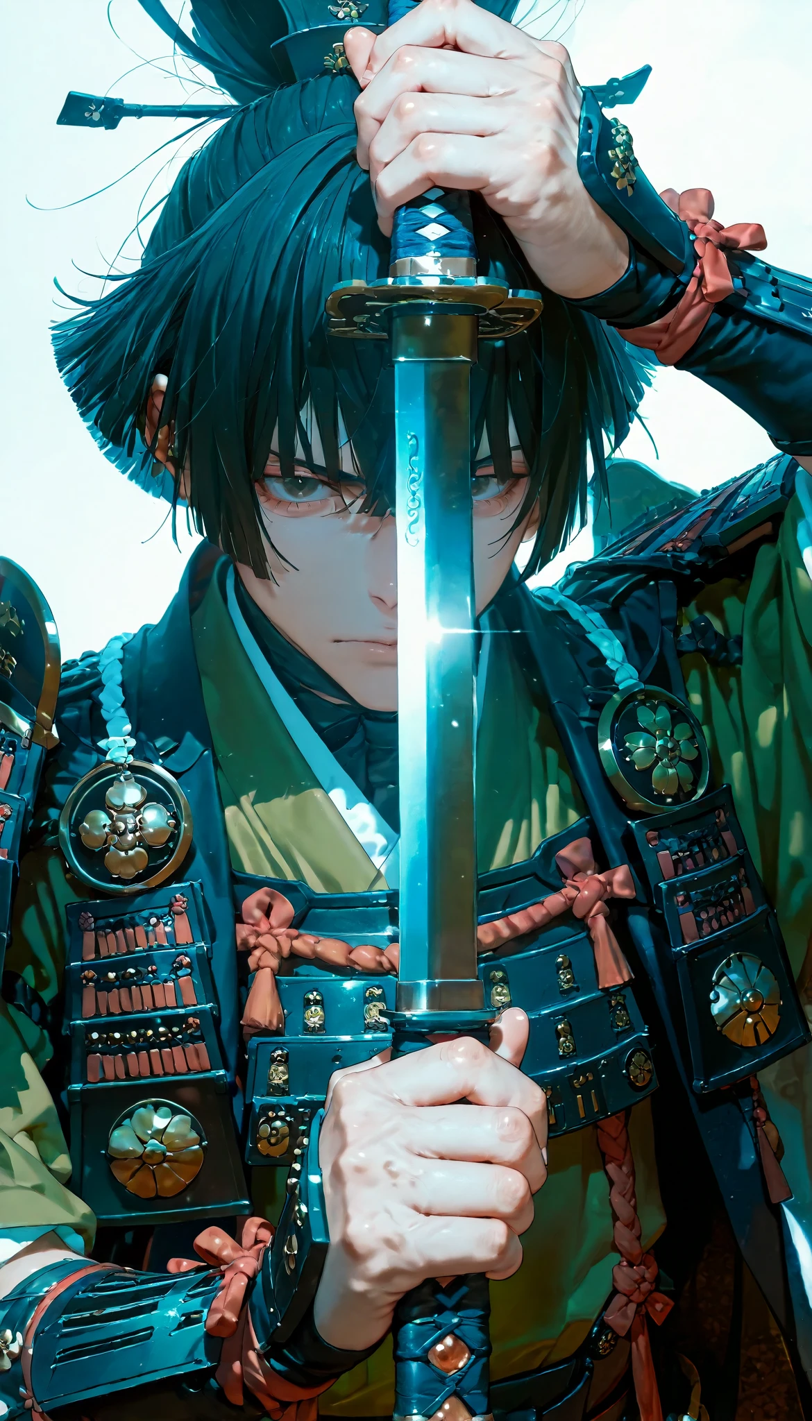 Close-up of a sword wielded by a samurai , face out of focus, Detailed sword with edge and ornament., sword held in one hand,  Image taken from below reflecting the light of the metal sword.