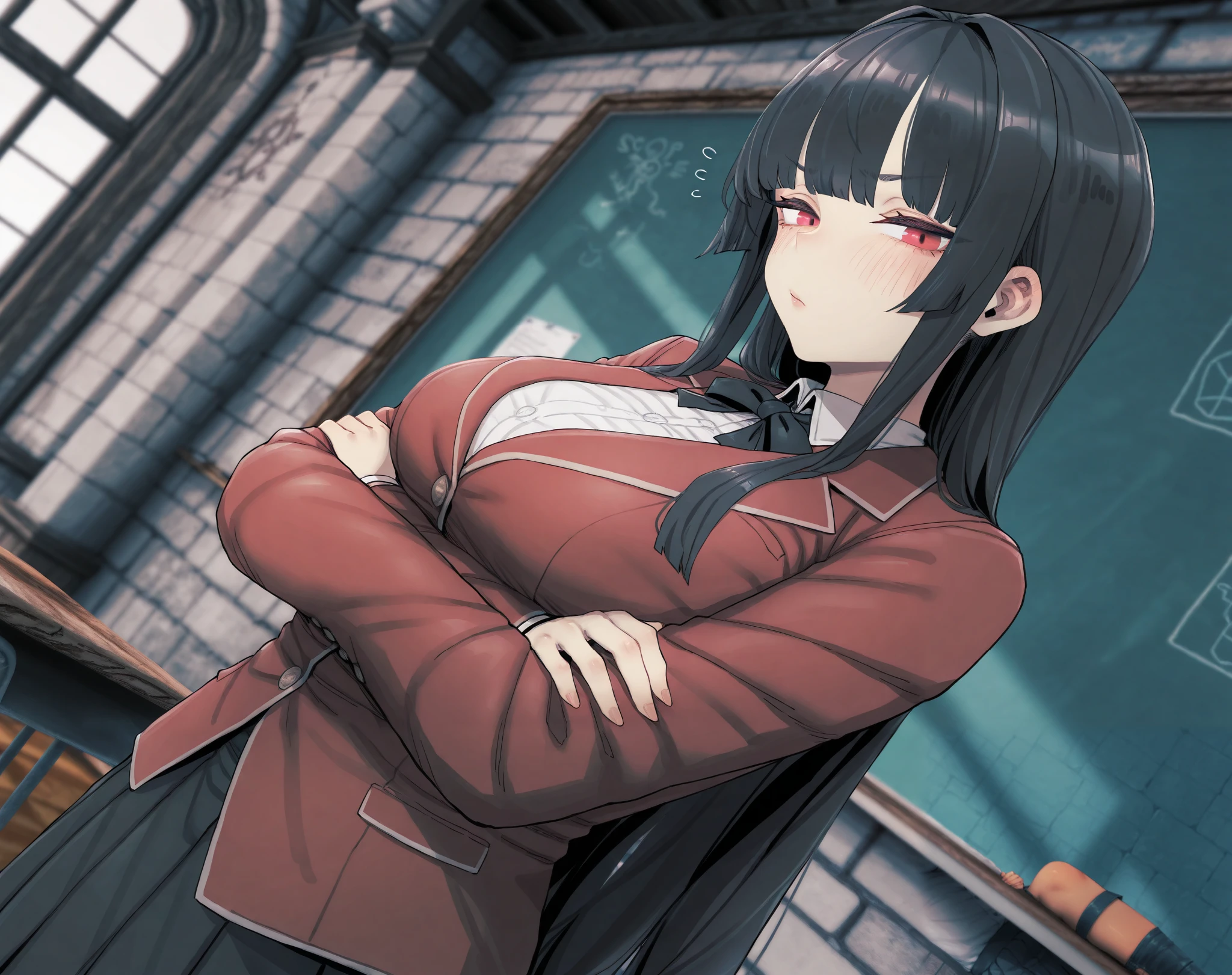A woman with very long black hair and (very long bangs:1.5), wearing a stylish jacket and tight jeans, standing. The artwork is inspired by manga and incorporates a doujin style. The woman appears to be (wetting herself:1.5), which causes her to feel embarrassed and humiliated, resulting in a blush on her face. In addition, there is an air of anger in her expression. The lighting in the scene is moody, with a spotlight highlighting the woman's figure. She is crossing her arms, (arms crossed:1.5), fully showcasing her jeans., medium breasts