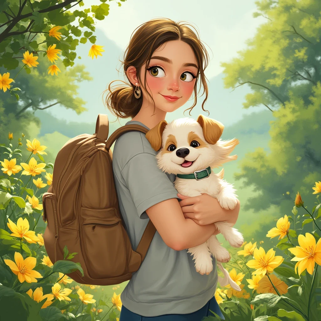 Tip: A very charming with a backpack and her cute puppy enjoying a lovely spring outing surrounded by beautiful yellow flowers and nature. The illustration is a high-definition illustration in 4k resolution, featuring highly detailed facial features and cartoon-style visuals.