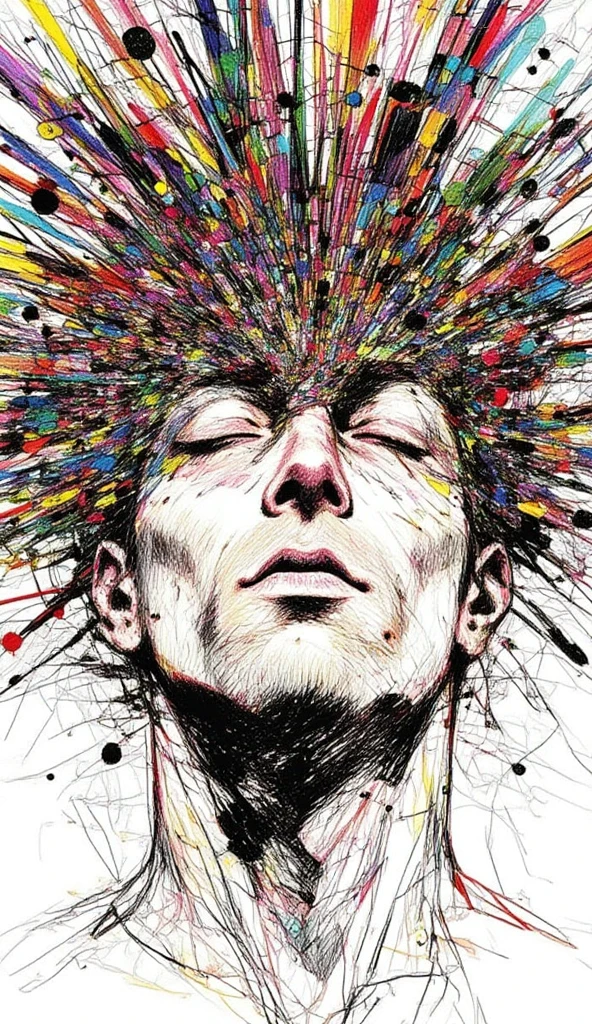 squiggly line art, a man with closed eyes, head exploded with chaotic pattern, colorful psychedelic background