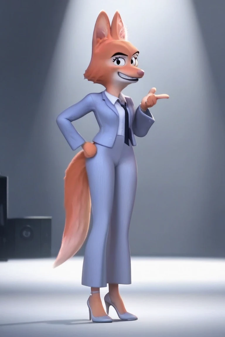 score_9, score_8_up, score_7_up, score_6_up, score_5_up, score_4_up,
Diane_Foxington, ginger fur, emerald eyes, pink lipstick, black eyebrows, fox tail, White Bra , smirk, looking at viewer, Holding prop microphone backstage White Cowboy Pants, White Cowboy Hat, White Cowboy Boots, Front View