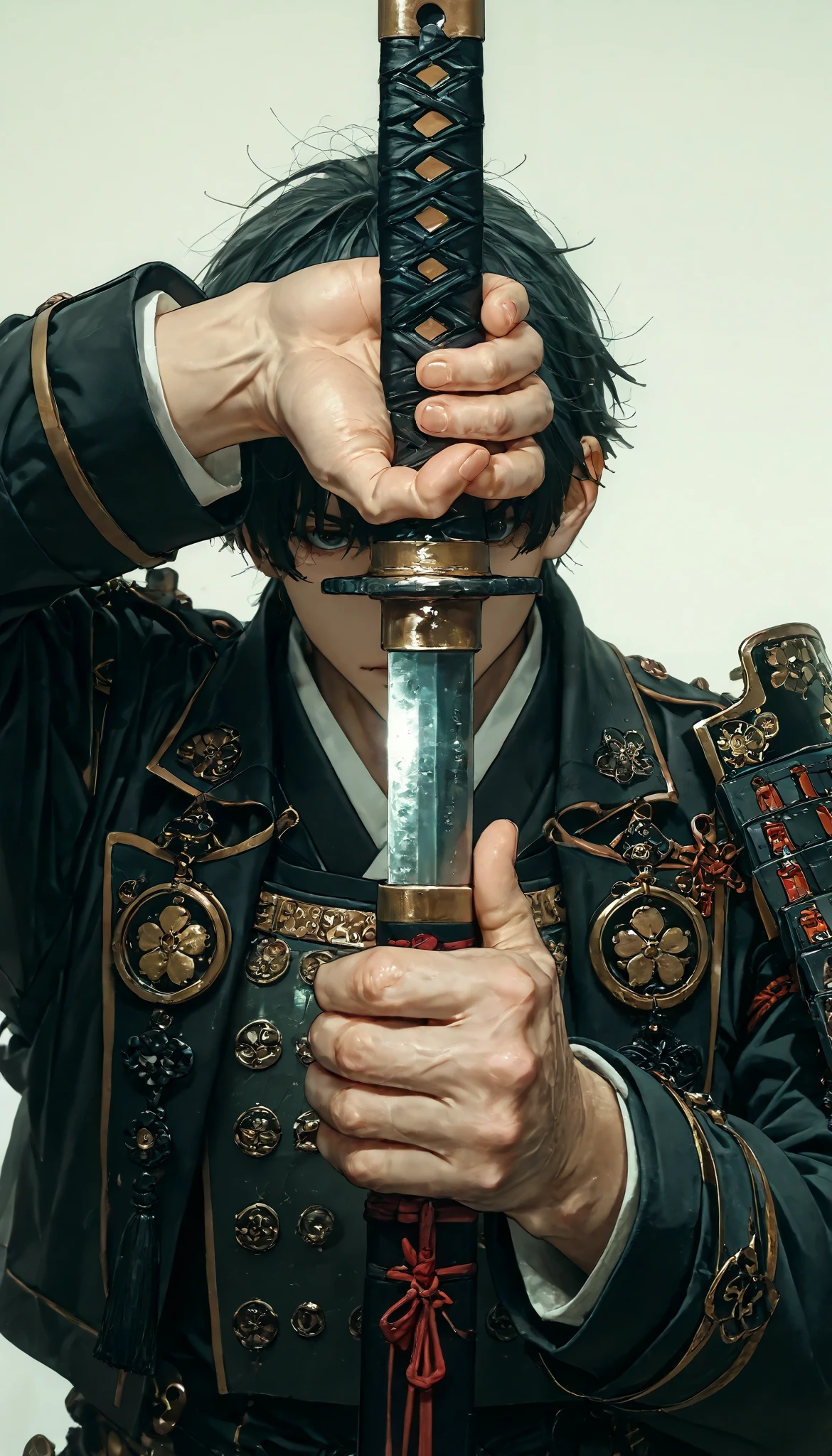 Close-up of a sword wielded by a samurai , face out of focus, Detailed sword with edge and ornament., sword held in one hand, Image taken from below reflecting the light of the metal sword.Simple background of a forest