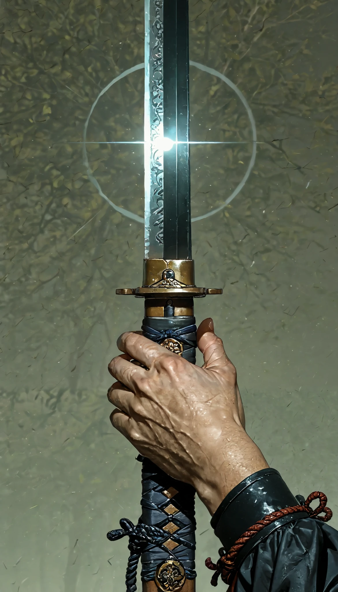 Close-up of a sword wielded by a samurai , face out of focus, Detailed sword with edge and ornament., sword held in one hand,  Image taken from below reflecting the light of the metal sword.Simple background of a forest