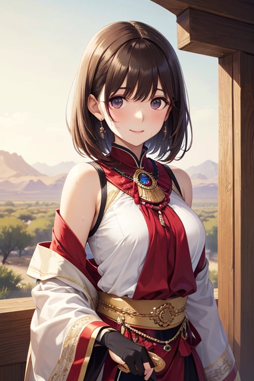 anegasaki nene、Shiny brown hair, short hair, (Beautiful brown eyes、Sparkling eyes, Fine grain)、smile、Ultra-detailed eyes、Highly detailed face, Highly detailed eyes,
1 girl,
one person's,Attractive woman,, masterpiece,
Accurate, Anatomically correct, Textured skin, Super Detail, Attention to detail, high quality, 最high quality, High resolution, 1080P, High resolution, 4K, 8k,
, Beautiful woman,Beautiful Arabian Princess, Traditional arabic clothing, Gold Accessories, Desert Oasis,