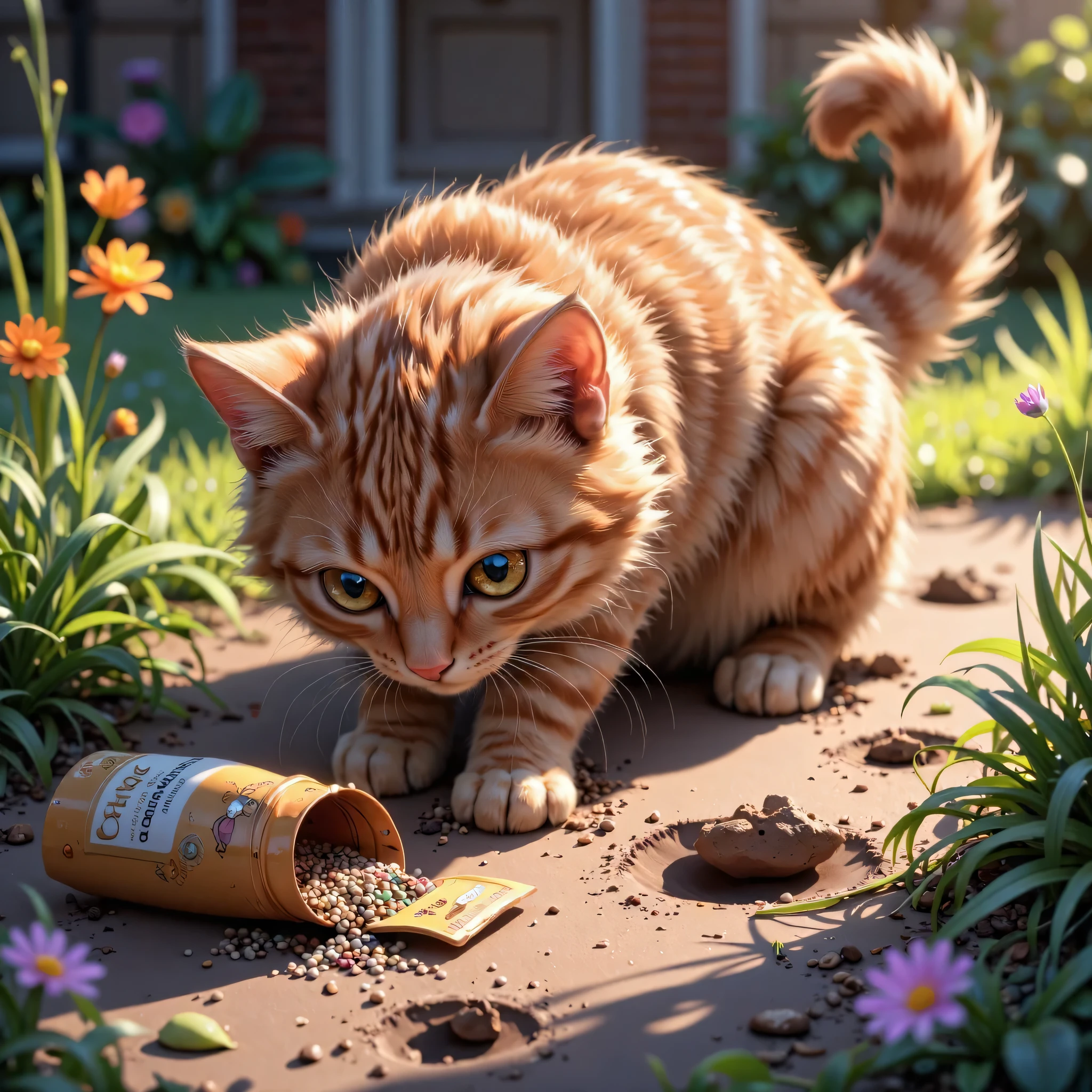 illustrate a charming scene of a cat digging the soil in a garden. the cat is crouched with a paw, scratching at the dirt, creating small hole in the ground. beside the cat, a tiny pouch of seeds lies open, with a few seeds spilled out on the soft soil. the background is simple, featuring green grass and a hint of colorful flowers in the distance, with warm sunlight casting a gentle glow over the scene. the focus is on the cat's concentrated expression and the detail of the digging, the small holes on the ground, and the seeds