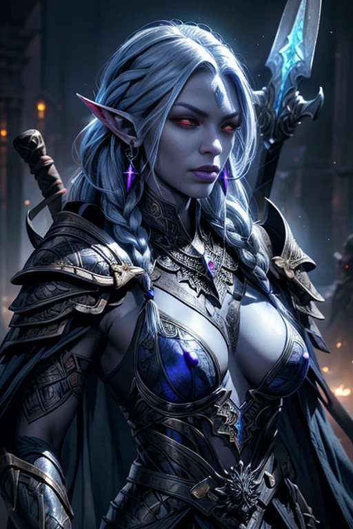 a beautiful dark elf woman, drow, with dark gray skin and long white hair, shining blue eyes, detailed and intricate facial features, Porcelain Skin, impressive eyes, fleshy lips, slender figure, Ranger clothing, dramatic lighting, fantasy dramatic scene, dark and moody atmosphere, detailed textures, highy detailed, 8k, cinematic, award-winning works of art, digitalpainting, conceptual artwork, photorrealistic