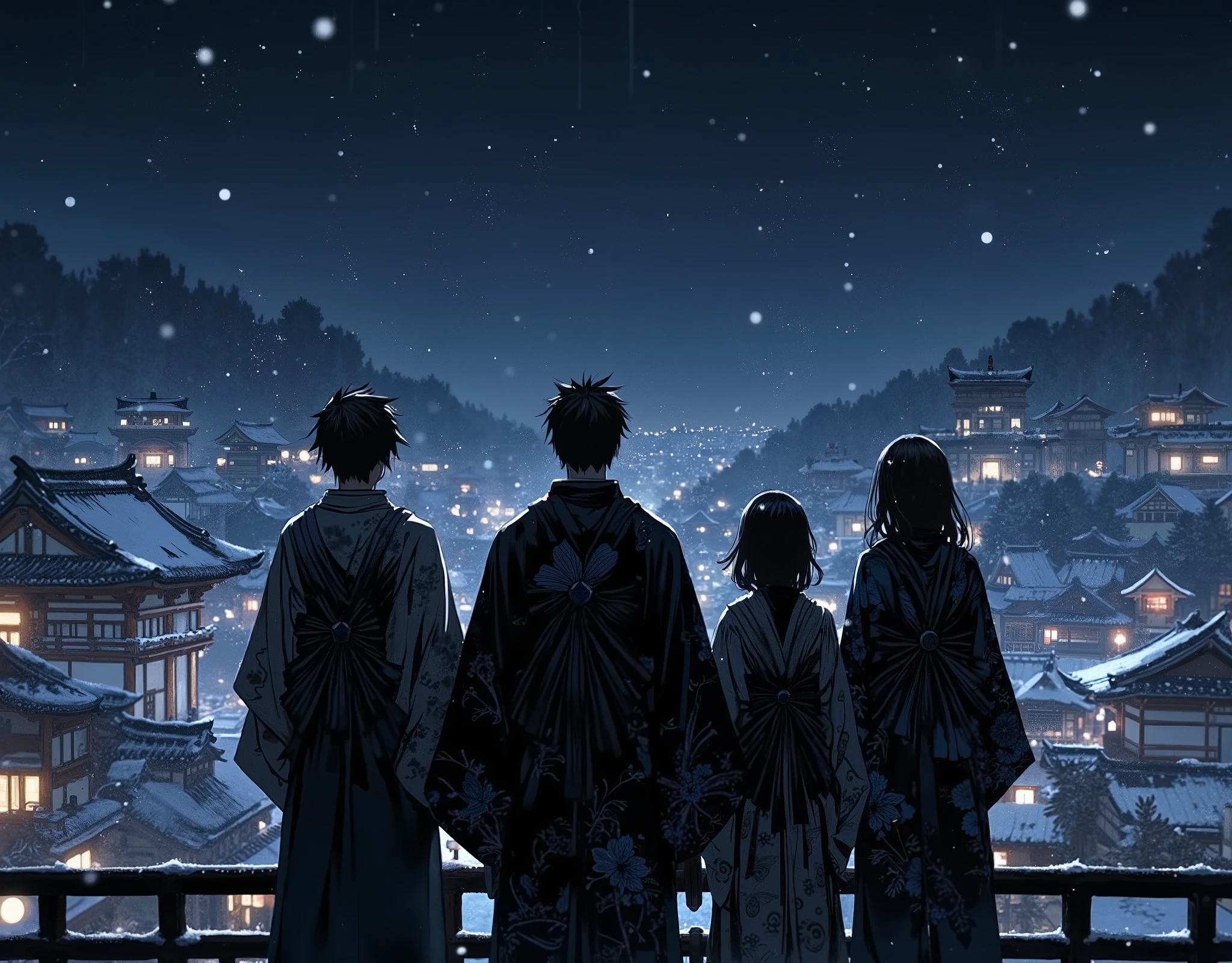on the roof of an temple building, Silhouettes of four people, adult male, Adult female, They look up at the sky, snowing, winter, midnight, shinobi building, shinobi village, Generate image, yukata, Anime style, The protagonist is standing with his back to the camera Close-up, high quality, Created using Unreal Engine, hyper-detailed, and insane details, Create in Cartoon style, Japanese anime style, village, cinematic lightning, post-production, tone mapping, Ultra HD, group, talking, different hairstyle