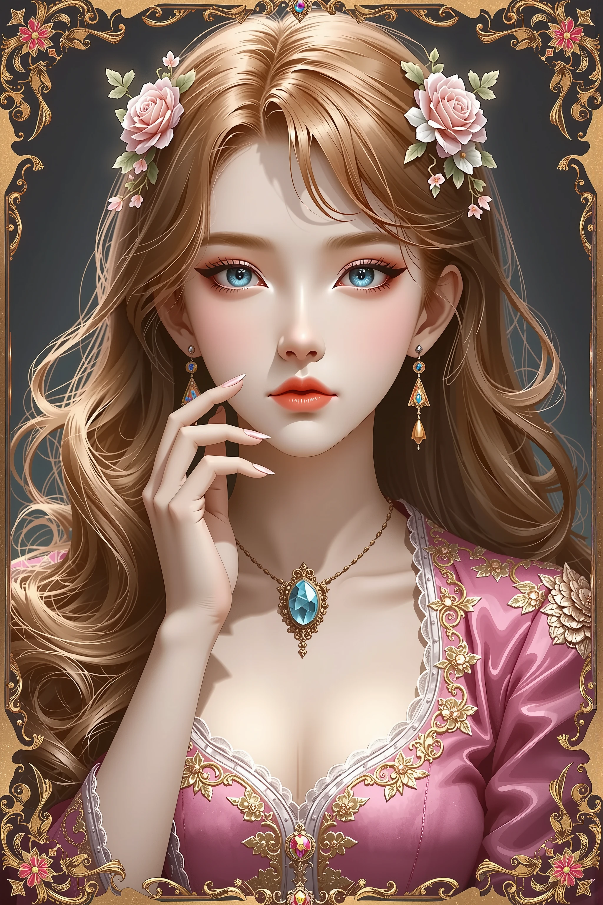 best quality, masterpiece, detailed, perfect face, surreal, fantasy, ethereal, gold border, graphic novel, line drawing, japanese, traditional, vintage, elegant, sophisticated, vibrant pinks, stark blacks, gold details, elegant erotic beautiful japanese girl, big breasts, brown hair, maxi dress, intricate details, delicate facial features, beautiful blue eyes, ulzzang, long eyelashes, small nose, full lips, porcelain skin, natural lighting, warm color palette, chiaroscuro lighting, dramatic shadows, sensual, artistic, dreamlike, ethereal, thigh highs, cleavage, looking at viewer, ulzzang, (blue eyes), sexy, submissive,  arms behind back,