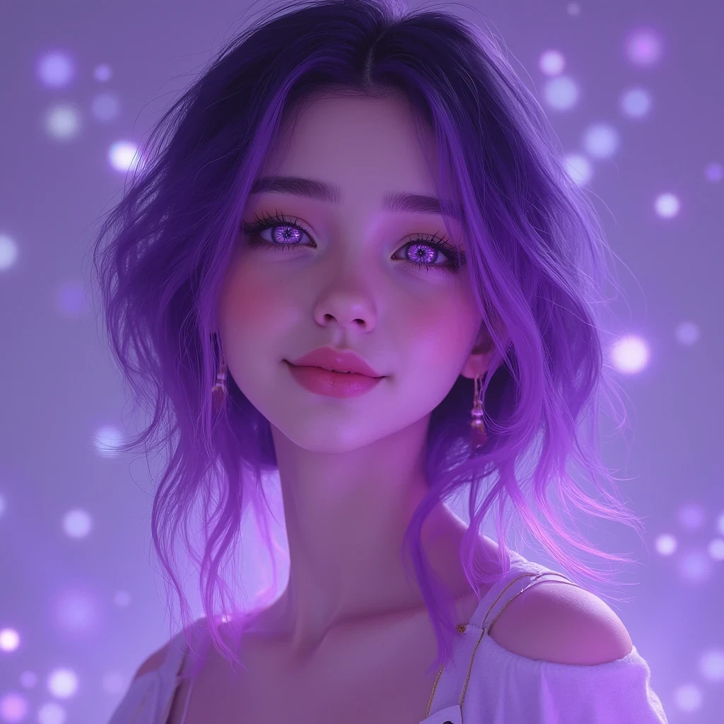 best quality, high quality, a cute girl, solo, beautiful purple hair, beautiful purple eyes, light smile,