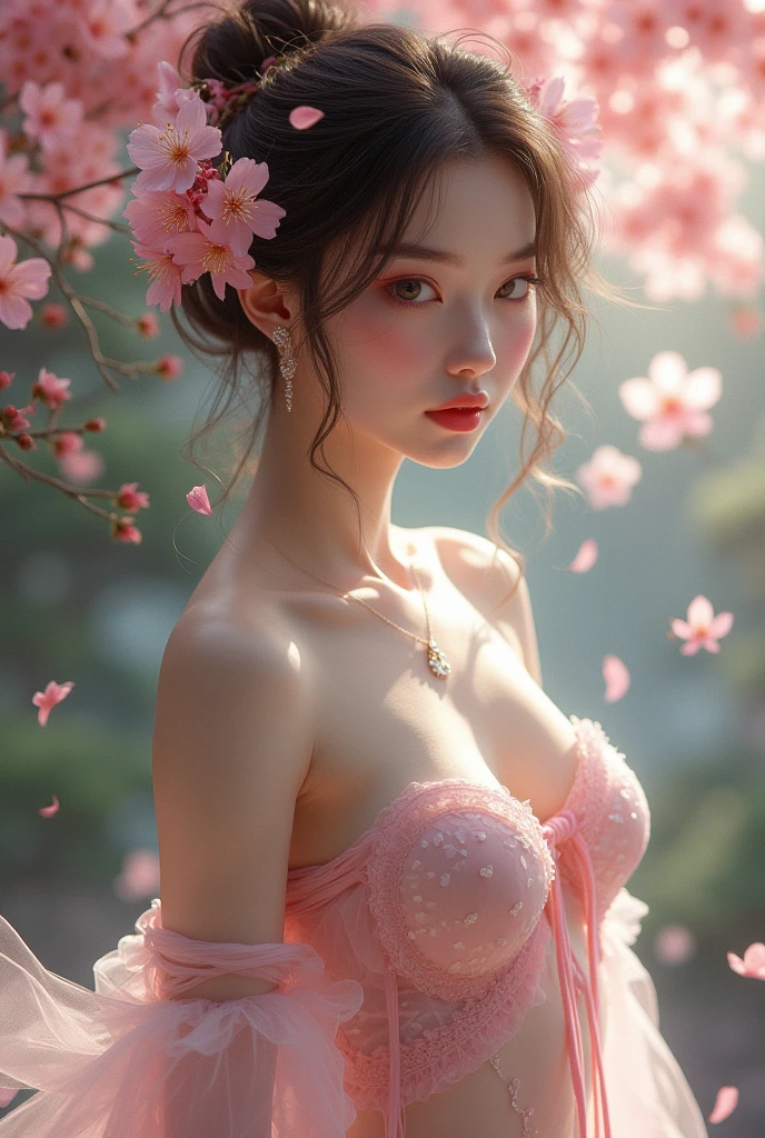(highres,vibrant colors,photorealistic:1.2),1girl,beautiful detailed eyes,beautiful detailed lips,garden with vibrant flowers,lush greenery,soft sunlight,serene atmosphere,carefully crafted details,variety of colorful blooms,delicate petals,dewdrops on leaves,fluttering butterflies,peaceful ambiance,calming breeze,joyful expression on the girl's face,happiness in her eyes. Lingerie, bikini, in bed