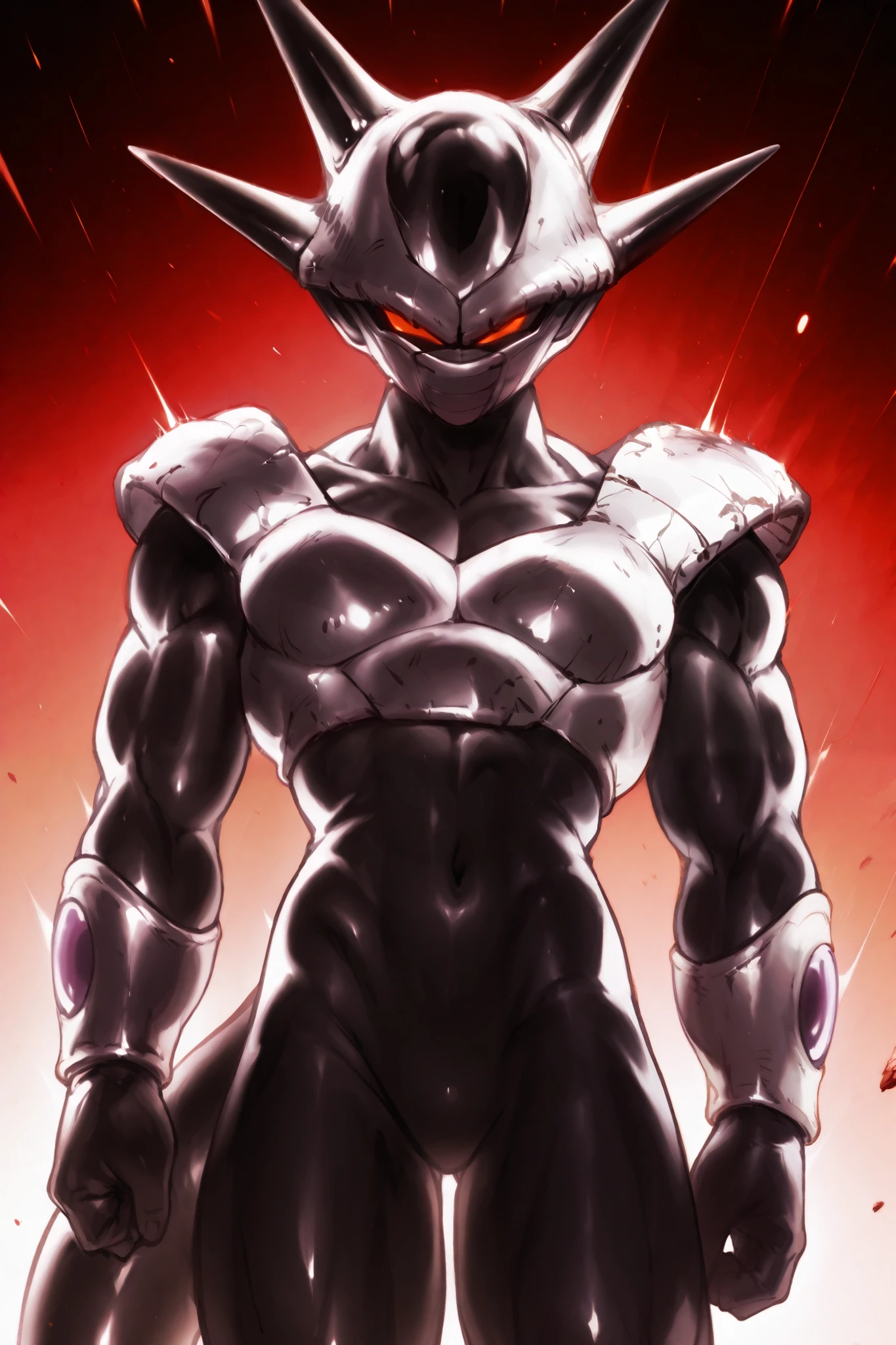 ,Orange skin, black body armor, horns, dragon ball style,, Black Body mask covering the mouthred eyes, armor covering the entire body