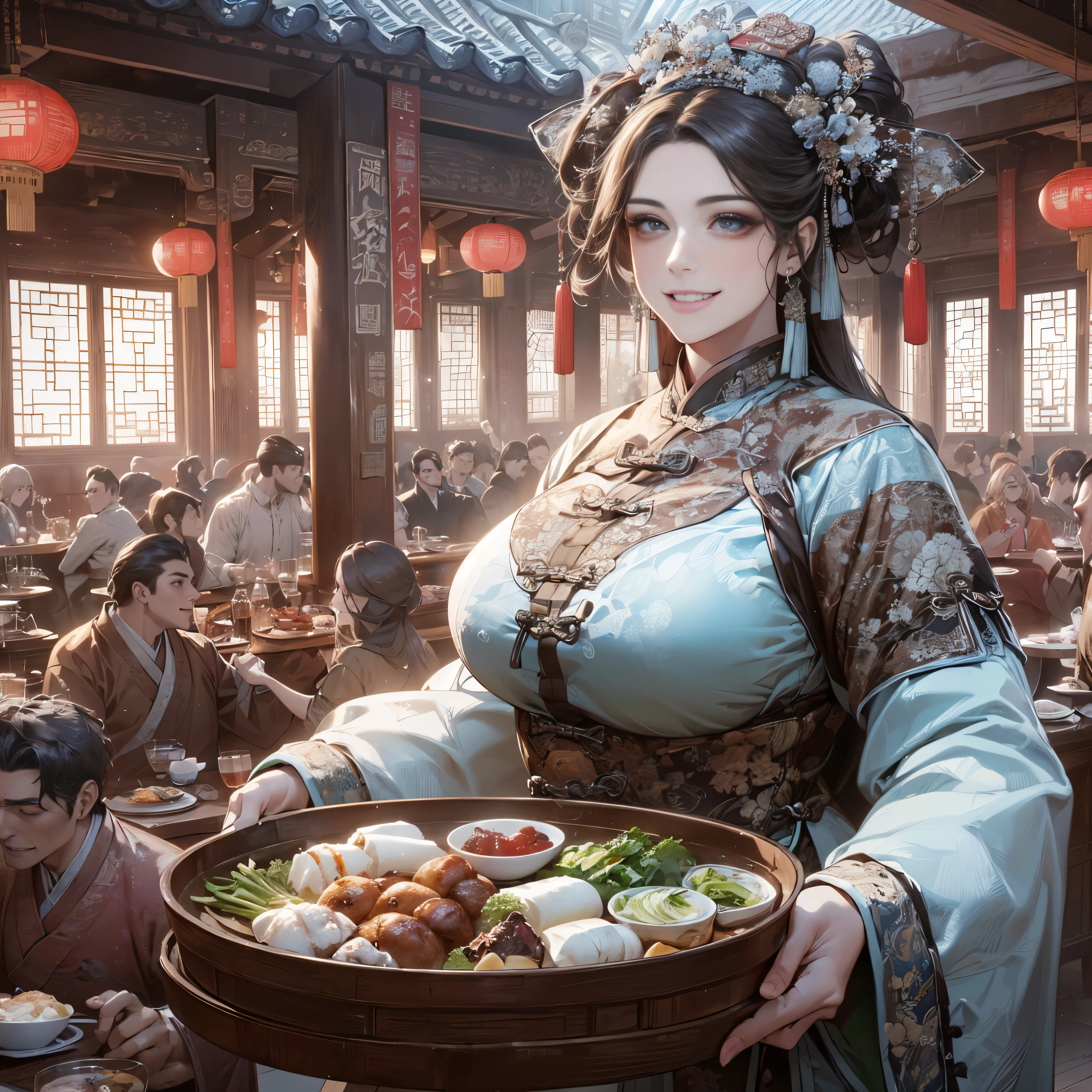 tmasterpiece，A high resolution，8K，CG animation，Detailed facial expressions，Large depth of field，Chinese big breasts（family），Chinese cuisine，At meal